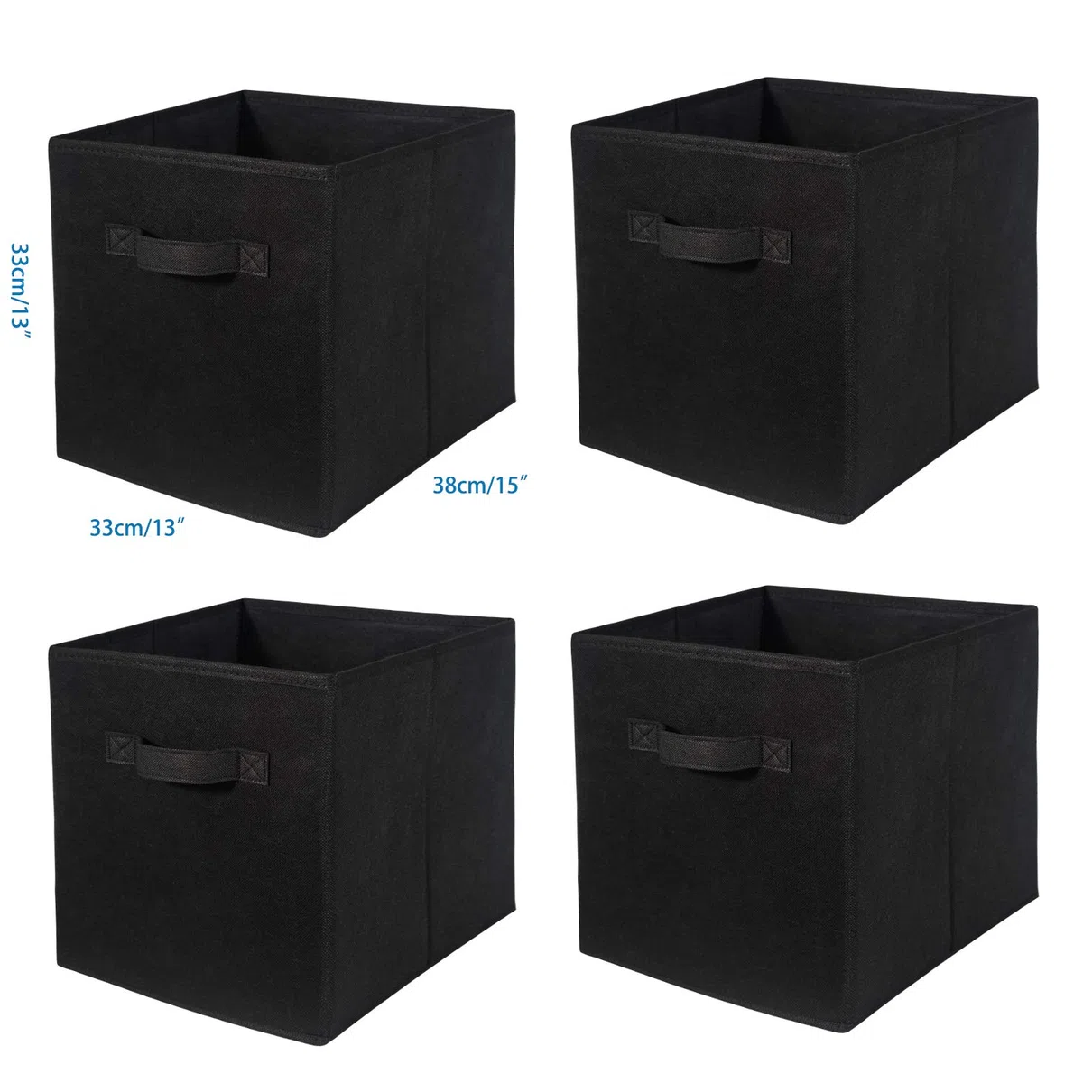 BrilliantJo Aufbewahrungsbox aus Stoff in 4er Set, 33 x 38 x 33 cm Faltbare Aufbewahrungskiste mit Griffe Ordnungssystem Korb für Schrank Regal Spind - Schwarz