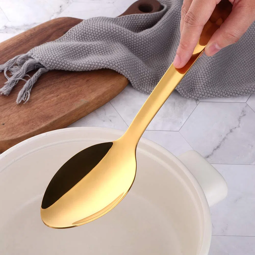 13 Zoll Servierlöffel Set, 4 Stück Edelstahl-Buffetlöffel, silberne Servierlöffel mit langem Stiel für Catering, spülmaschinenfest (Gold)