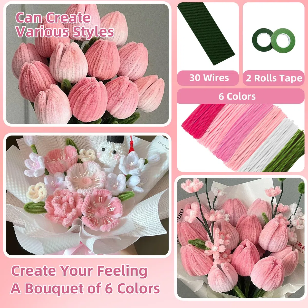 600 Stück Pfeifenreiniger Blumen Set | Pfeifenputzer zum Basteln in 6 Farben mit 30 Blumendraht & Geschenkband für Kreative DIY Blumensträuße (Rosa)