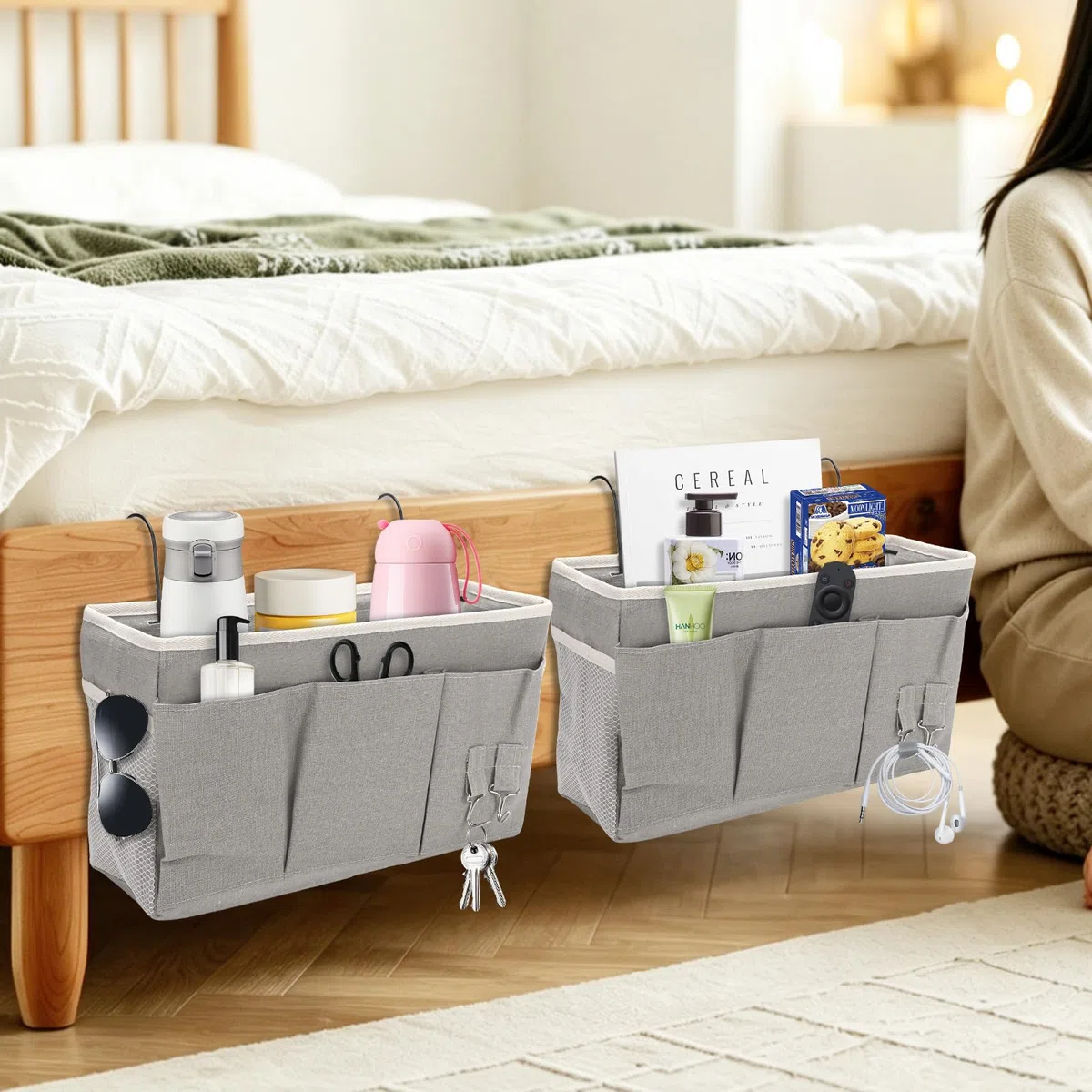 2 Pack Nachttisch-Hängeaufbewahrung Hängeorganizer mit 3 Fächern, Bett Organizer zum Einhängen, Hängende Aufbewahrungstasche, Betttasche fur Schule, Wohnheim, Camping (Grau)