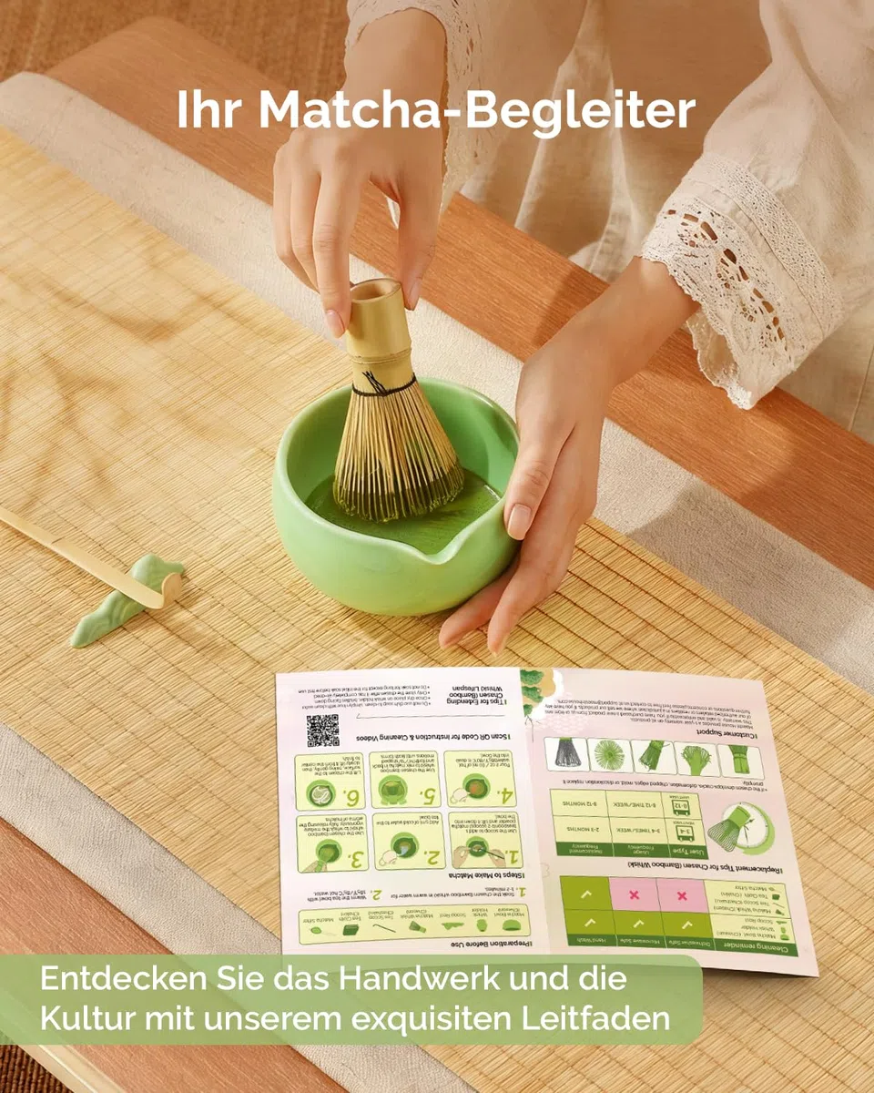Maestri House Matcha Besen Set Geschenkset 7-Teilig – Japanisches Matcha Zubehör Set mit Ausgießer-Schale, Bambus Chasen & Halter – Hochwertige Geschenkidee für Matcha Liebhaber, Grün