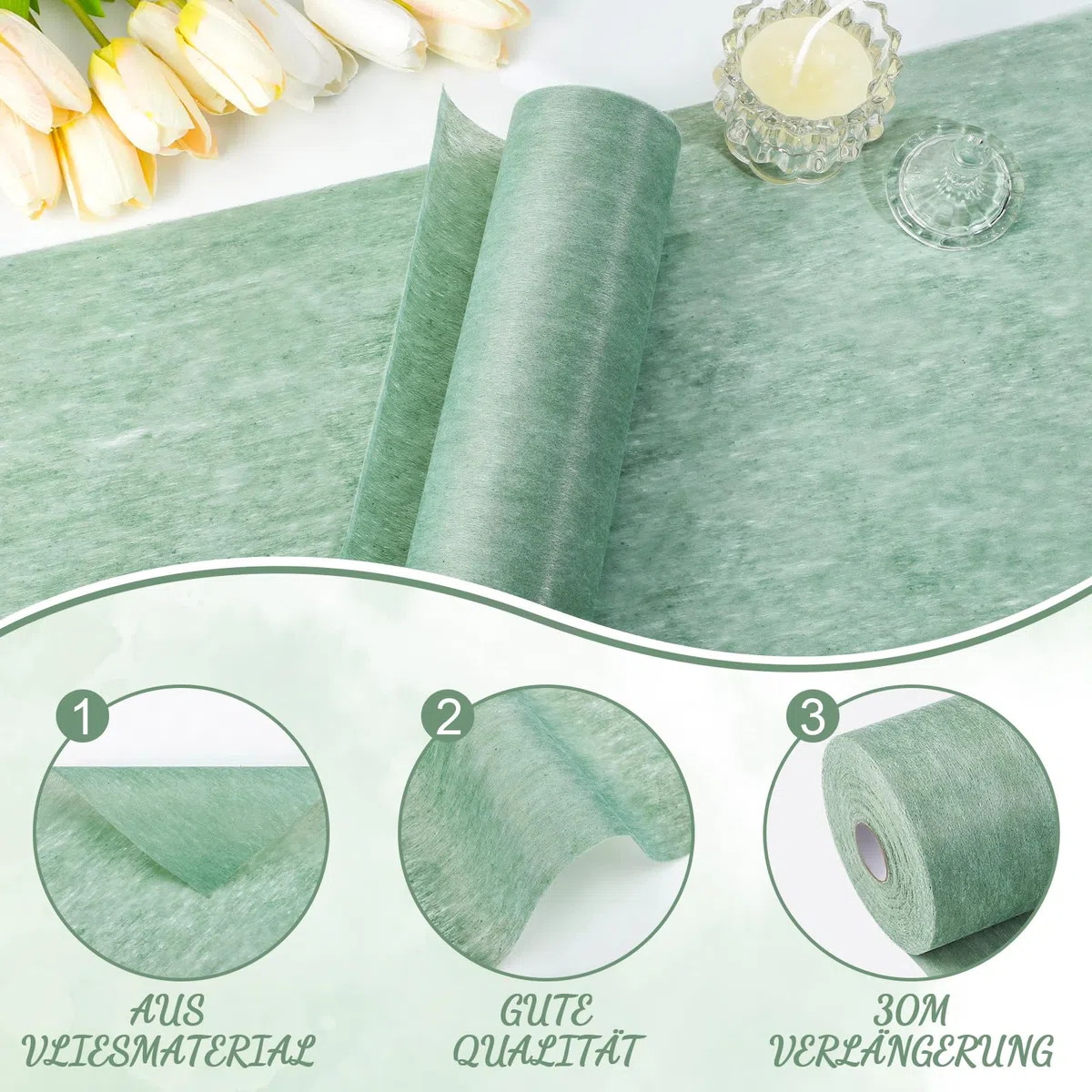 Vlies Tischläufer, 30cm x 30m Tischläufer Salbeigrün Eukalyptus Deko Tischband für Tischdeko Konfirmation Jugendweihe Taufe Tischdeko Hochzeit Junge Kommunion Geburtstag Konfirmation und mehr, 30g/㎡