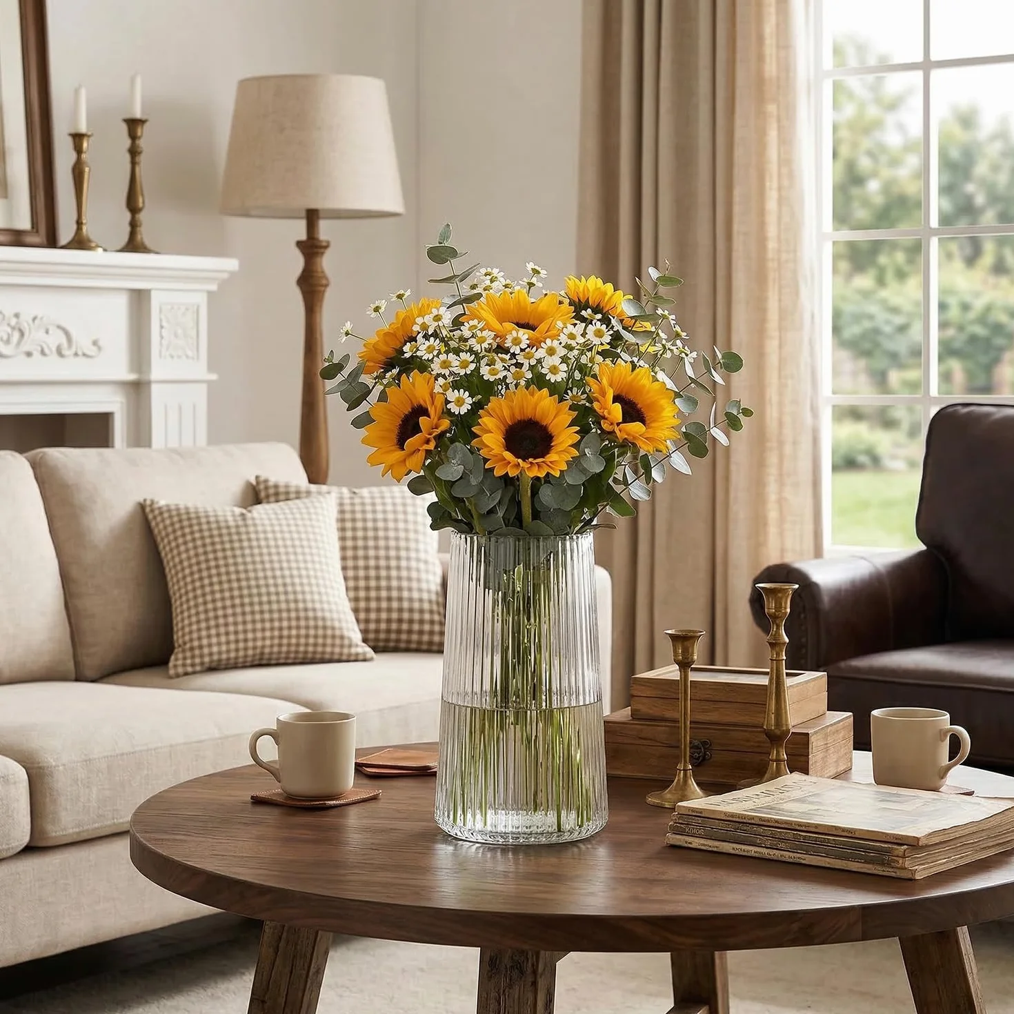 Klarglas-Vase für Blumen, Glasblumen-Vase, Blumenvasen für Bouquet, moderne gerippte Vasen für Wohnzimmer, Esszimmer, Kaffeetisch, Büro, Hochzeit, 20CM