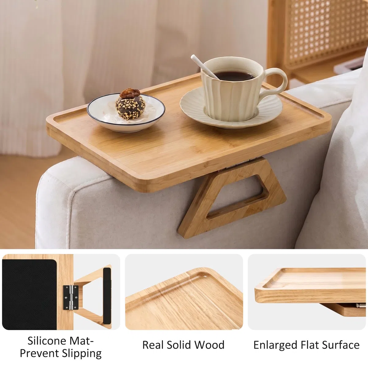 Sofatablett Armlehne, Sofatablett-Armlehne zum Anklipsen, Faltbares Hozl Rutschfester Couch Tablett, für Sofa, Beistelltisch, Sessel, Tablett für Snacks, Telefon, Getränke, Tasse, Holzfarbe