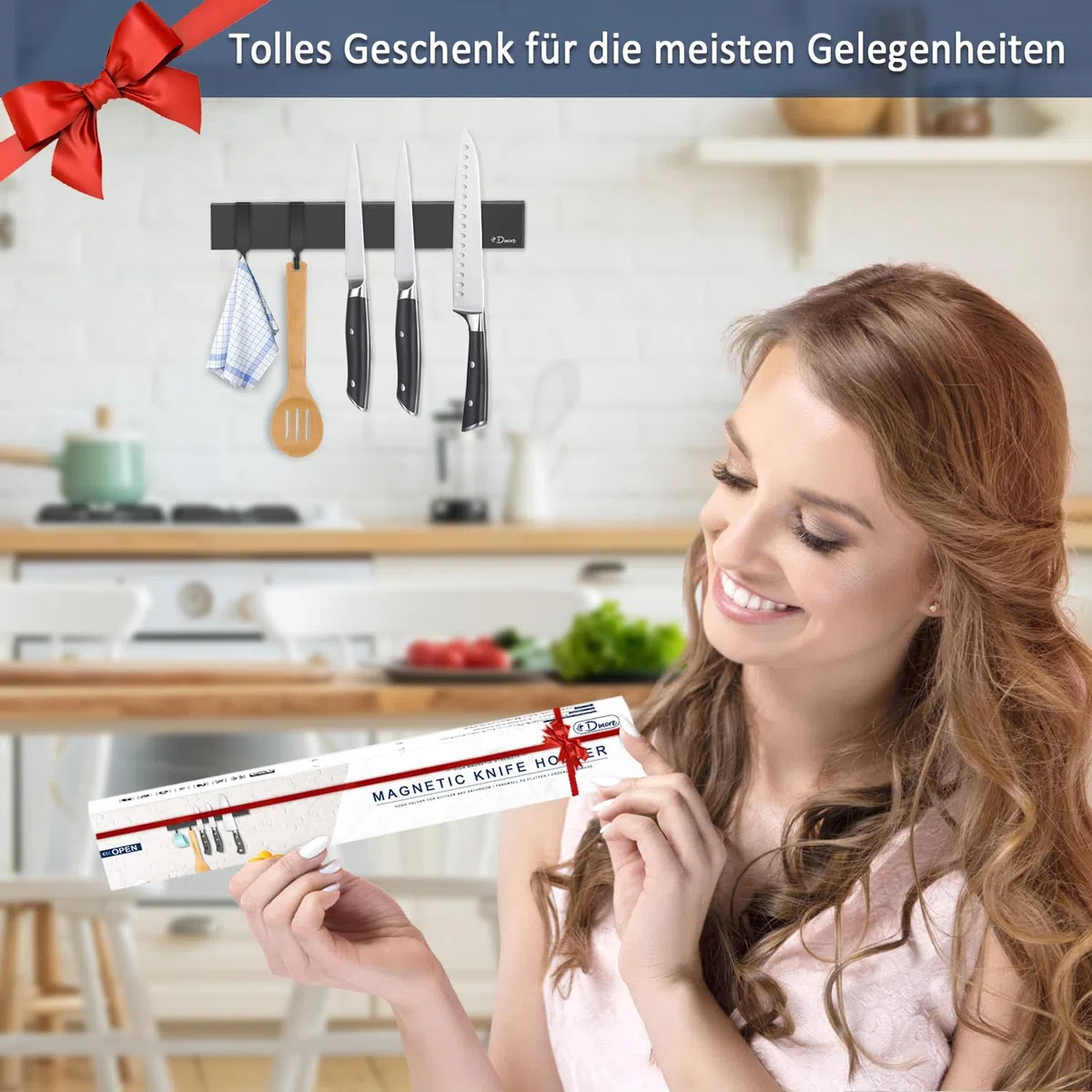 Dmore 25 cm Magnetleiste Messer mit 2 Haken, schwarzer Messerhalter magnetisch ohne Bohren, leistungsstarker Magnet Messerhalter, inklusive Klebeband und Schrauben für Messer, Utensilien und Werkzeuge