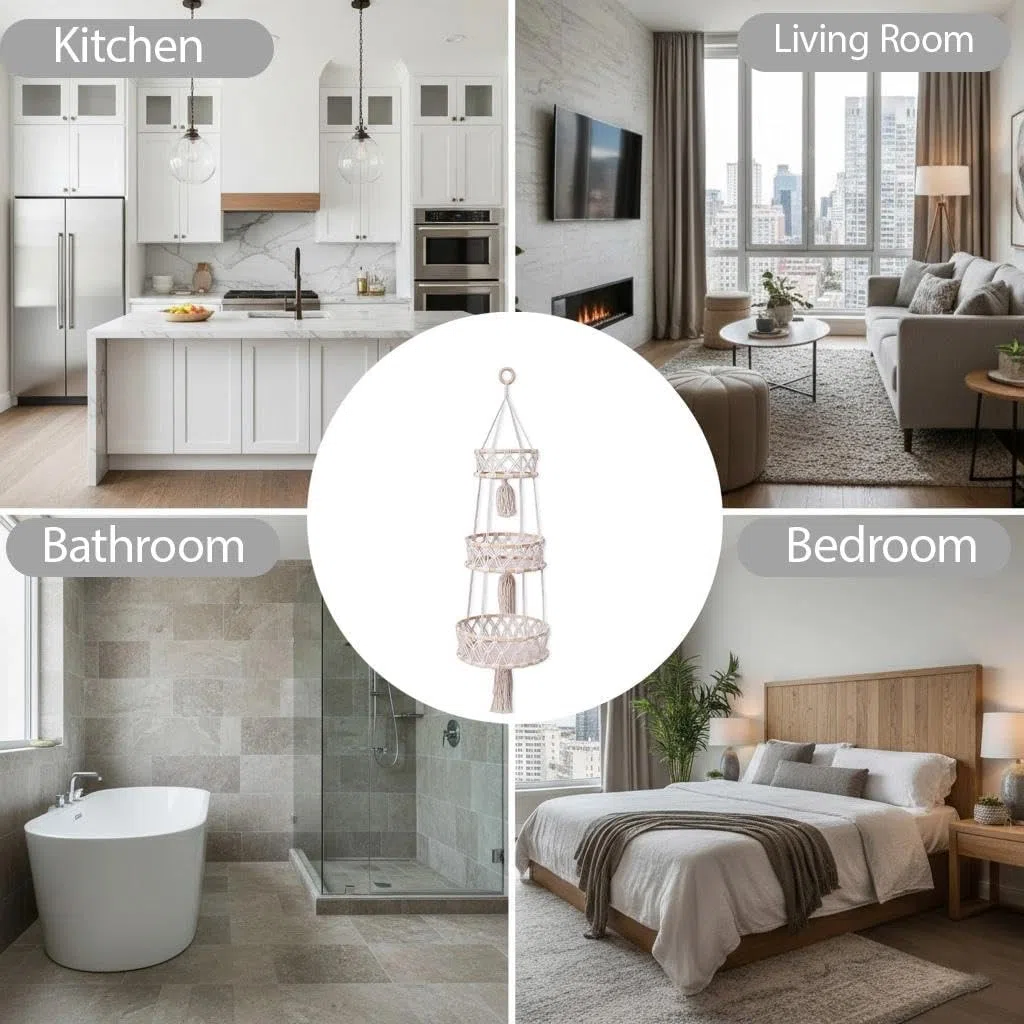 Obstkorb Hängend aus Baumwollseil, Bambus Hängekorb Obst, Böhmisches Bambuskreis Obstnetz,3 Stufiger Hängekorb, für Küche Wohnzimmer Badezimmer Schlafzimmer, 110CM (Beige)