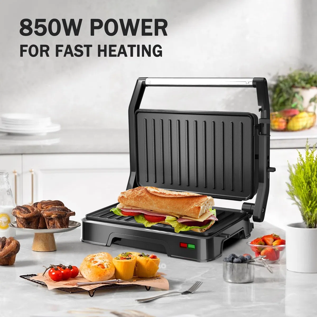 KEINVE Kontaktgrill für Sandwiches, Steak, Panini Grill und Sandwichmaker mit Antihaftbeschichtet, 850W, 23 x 14,5cm, 180º Öffnung, Leicht zu Reinigen.