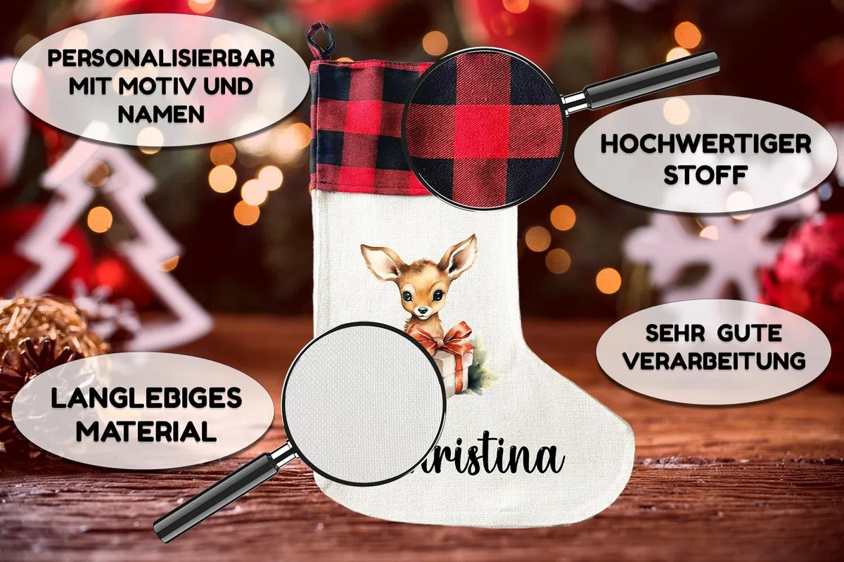 LIEBTASTISCH - Personalisierte Weihnachtssocken mit Tieren - 40cm x 30cm - Weihnachtsstrumpf zum Nikolaus oder Weihnachten - Namen - Geschenkbeutel - Nikolausstiefel zum Aufhängen (REH)