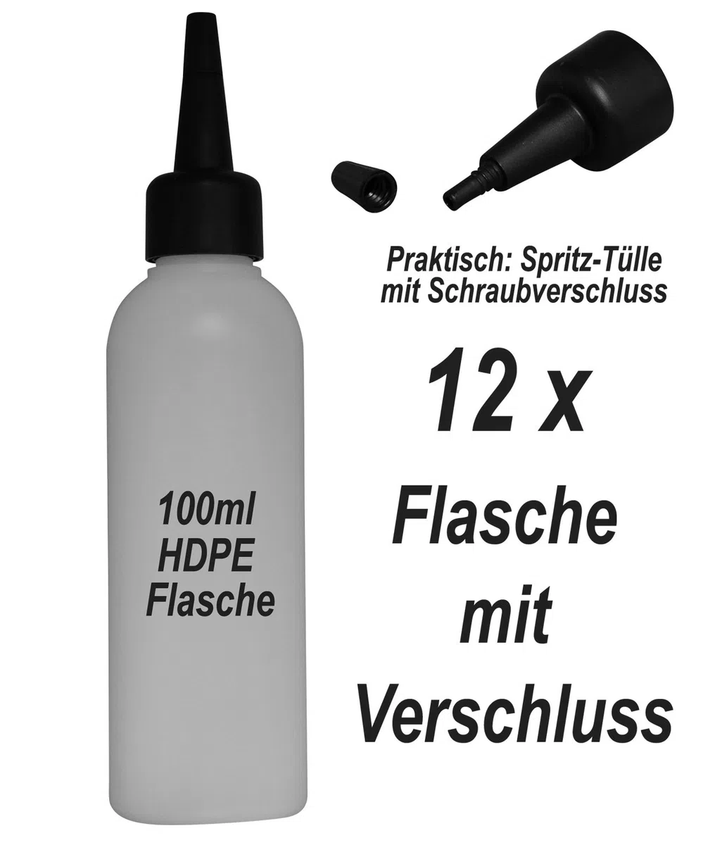 12 Stück HD-PE-Flaschen 100 ml mit schwarzer Spritztülle - Leerflasche Kunstoffflasche Plastikflasche Spritzflasche Liquid-Quetschflasche mit Aufträgerspitze zum befüllen und mischen