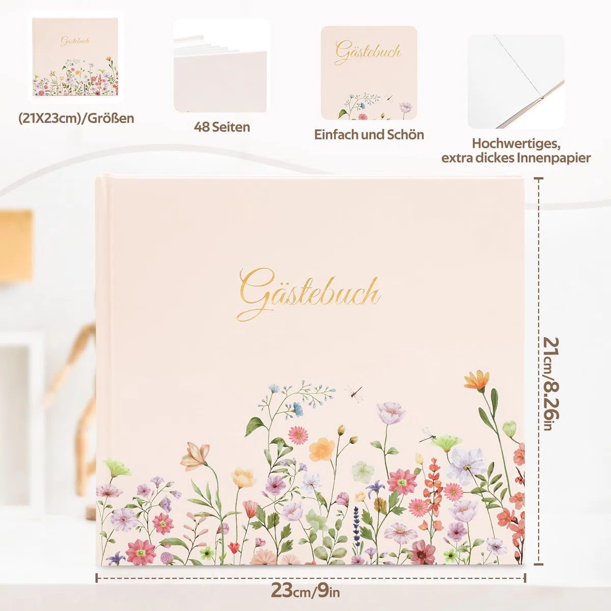Gästebuch Geburtstag Blanko mit 40 Schöne Aufkleber und 48 Doppelseiten Premium Dickem Papier,Größe 21x23cm Guest Book,Hochzeitsgästebuch für Hochzeiten Geburtstage Polterabend Taufe Ferienwohnung