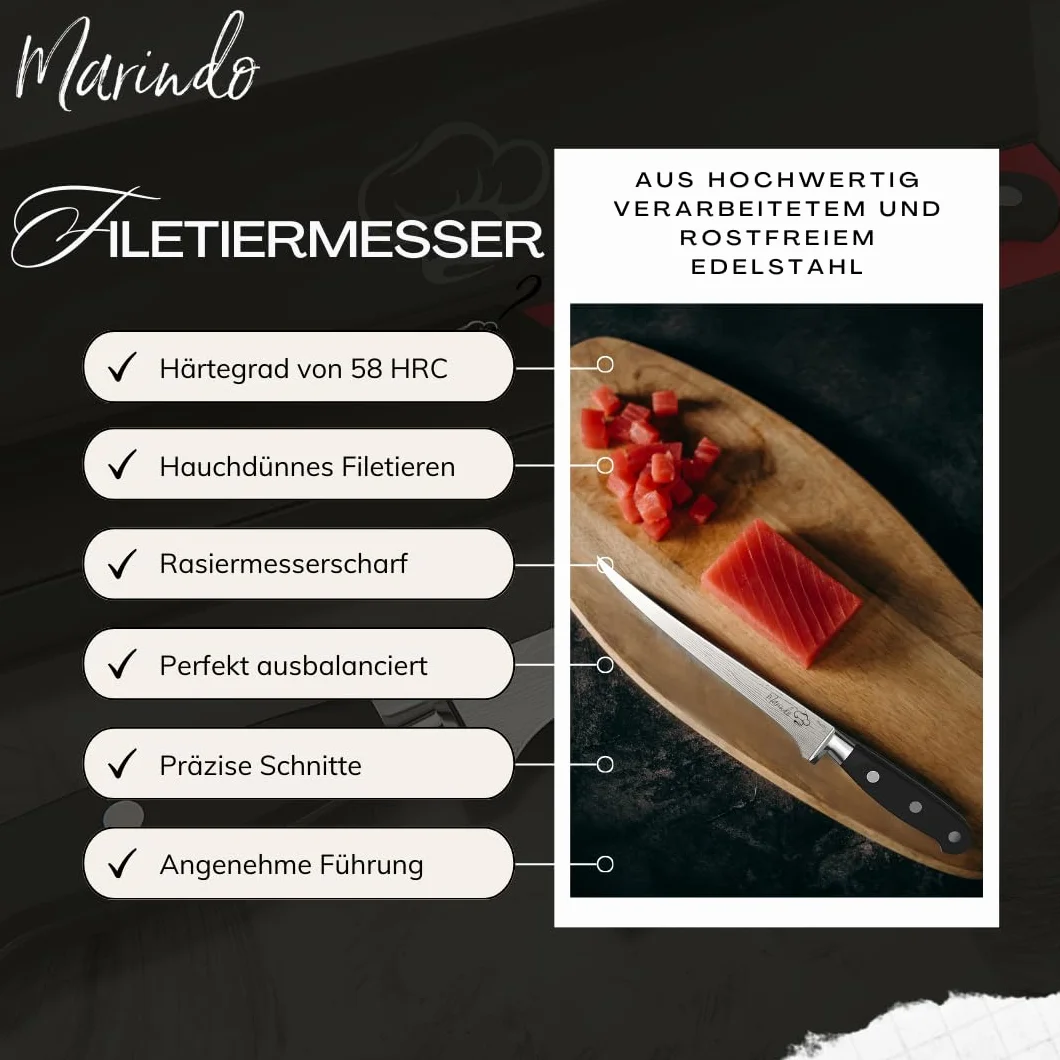 Marindo Profi Filetiermesser inkl. Scheide | Gesamtlänge: 30,5cm | Klingenlänge: 18,5cm | für Fisch und Fleisch | Edelstahl Filetiermesser mit stabilem Griff | Fischmesser extrem scharf