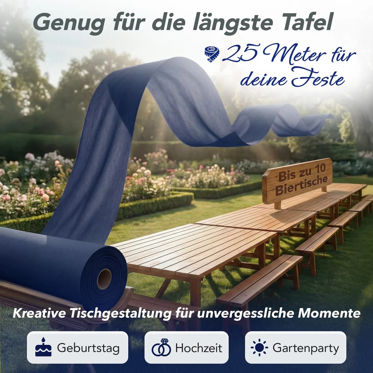 Vlies Tischläufer Dunkelblau [30cm x 25m] - Einweg Tischband als edle Tischläufer Tischdeko für Hochzeit, Kommunion, Taufe, Geburtstag, Weihnachten und Biertisch Feste