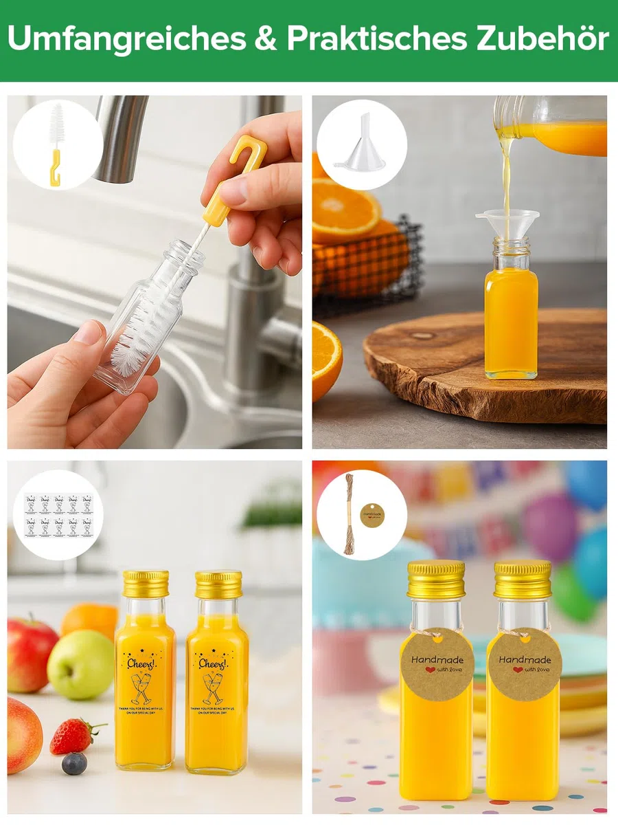 54 Stk 25ml Kleine Flaschen zum Befüllen Kunststoff mit Aluminiumdeckel, Kleine Schnapsflaschen zum Befüllen, Wiederverwendbare Mini Flaschen Likörflaschen mit Etikett für Hochzeiten Party