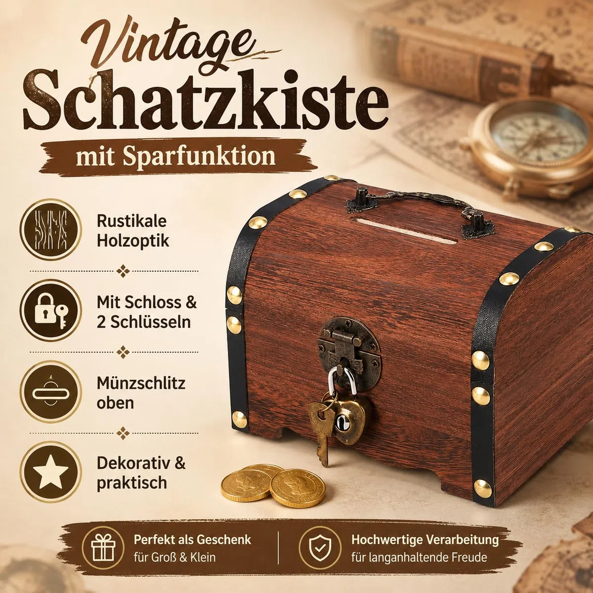Schatztruhe Holz, Schatzkiste Kindergeburtstag, Schatztruhe Kindergeburtstag, Schatzkiste mit Schloss und Schlüssel, für Aufbewahren, Kindergeschenk(17.5 x 13 x 12.5 cm)