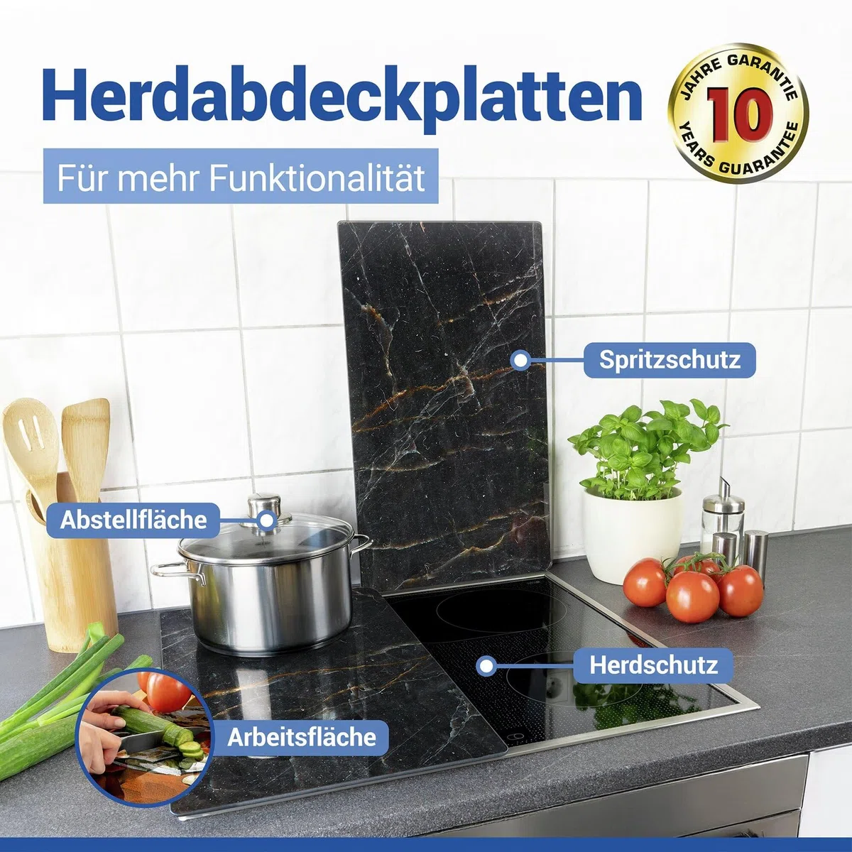 Allstar Herdabdeckplatte aus Glas, 2er Set, für Glaskeramik- und Induktionskochfelder, Herdabdeckung, Glasschneidebrett & Spritzschutz für die Küchenwand, 30 x 52 cm, Mod. Marmor schwarz