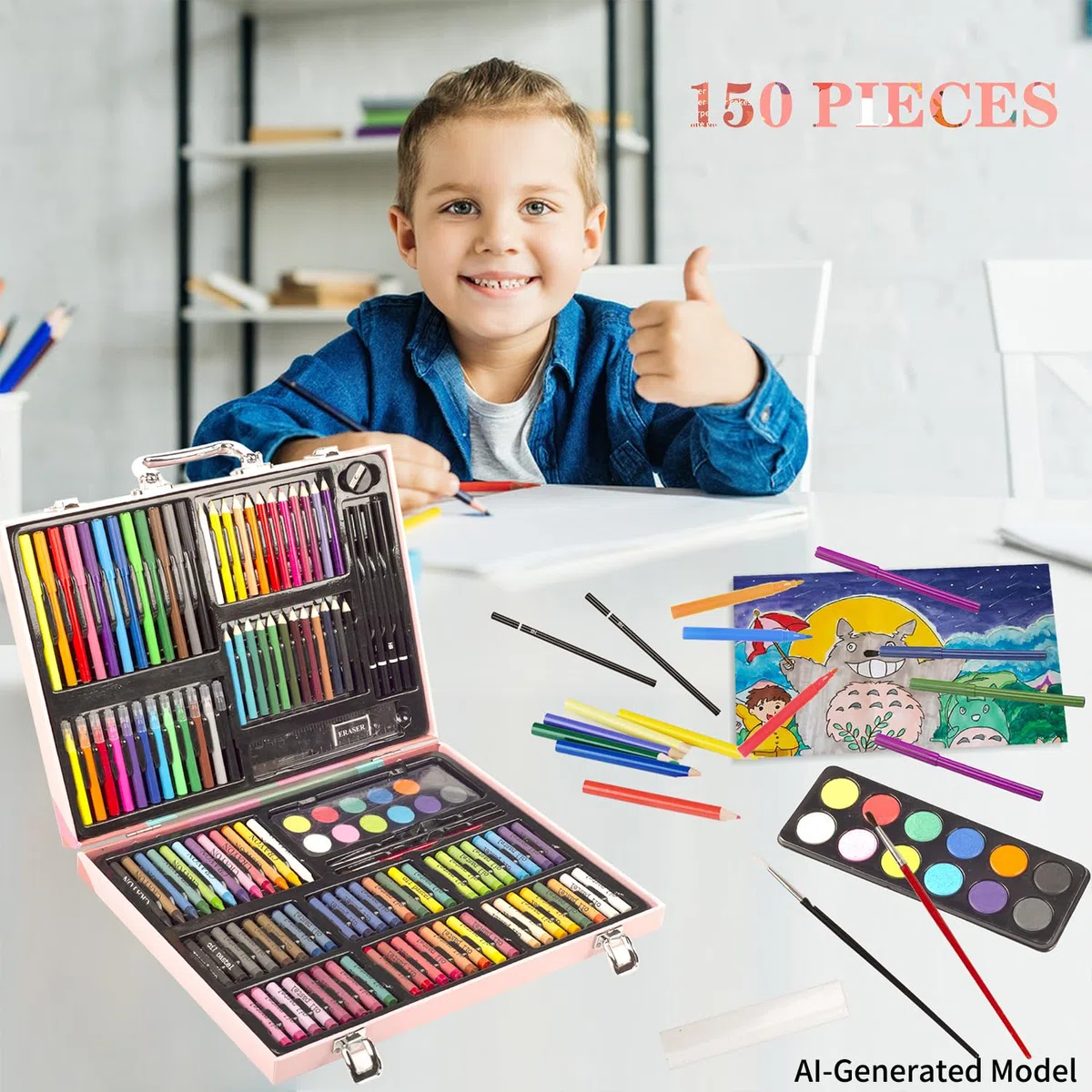 KINSPORY Premium Malkoffer Deluxe 150-teilig Malset für Kinder Anfänger Tolles Buntstifte Set, Wasserfarben, Ölpastellfarbe, zeichenstifte, Bleistifte als Zeichenset Geschenk Kinder