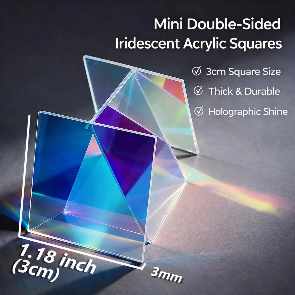 100 Stück Acryl Mosaiksteine zum Basteln, Mini Irisierende Acryl Quadrate, Halbtransparent & Holografische Mosaikfliesen für Mosaikkunst, DIY Bastelprojekte, Licht und Schatten Deko (3x3 cm)