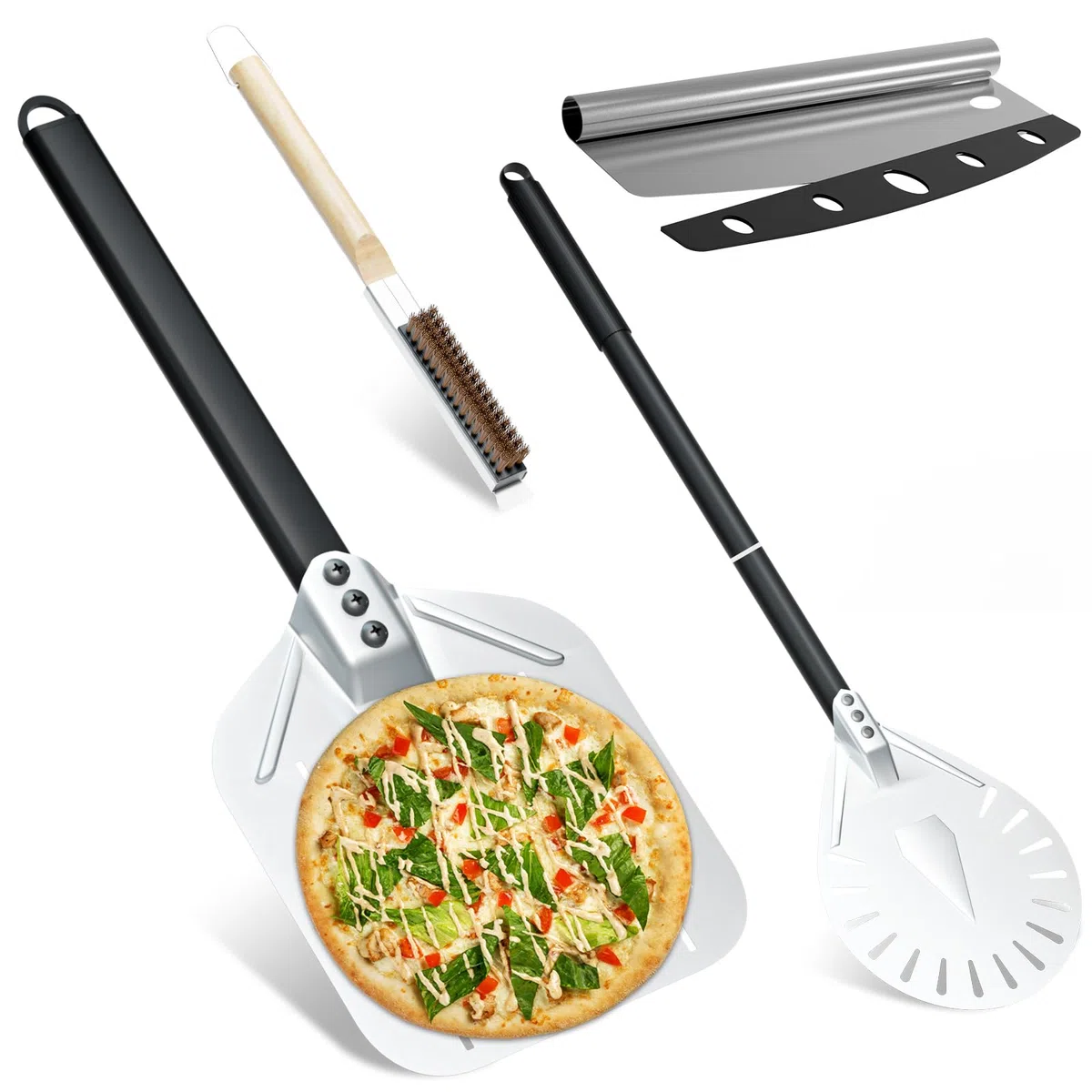 4tlg Pizza Schieber Set, 12 Zoll Pizzaschieber Perforiert + 9 Zoll Pizzaschaufel aus Alulegierung + Profi Pizzaschneider + Pizzaofen Bürste aus Naturborsten, Pizzawender mit 40cm abnehmbarem Griff