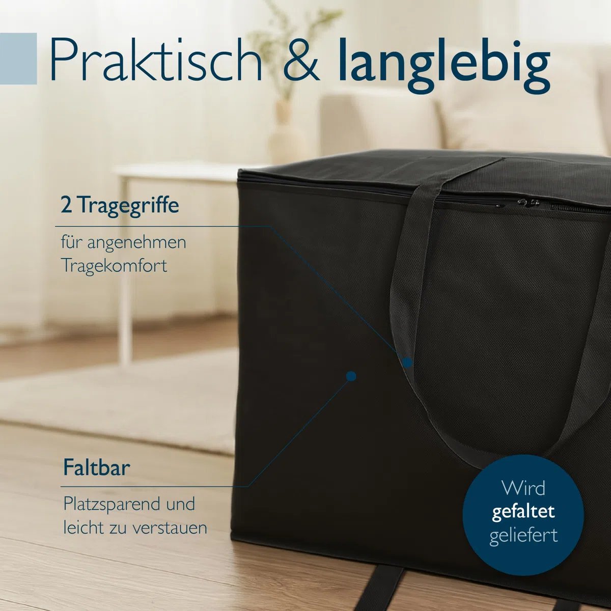 Beautissu Große Aufbewahrungstasche für Bettdecken, Kopfkissen, Klappmatratze 335 Liter – ‎67x120x42 cm – Bettzeug Aufbewahrungstasche Gartenauflagen Kleideraufbewahrung – Robust Tragetasche Schwarz