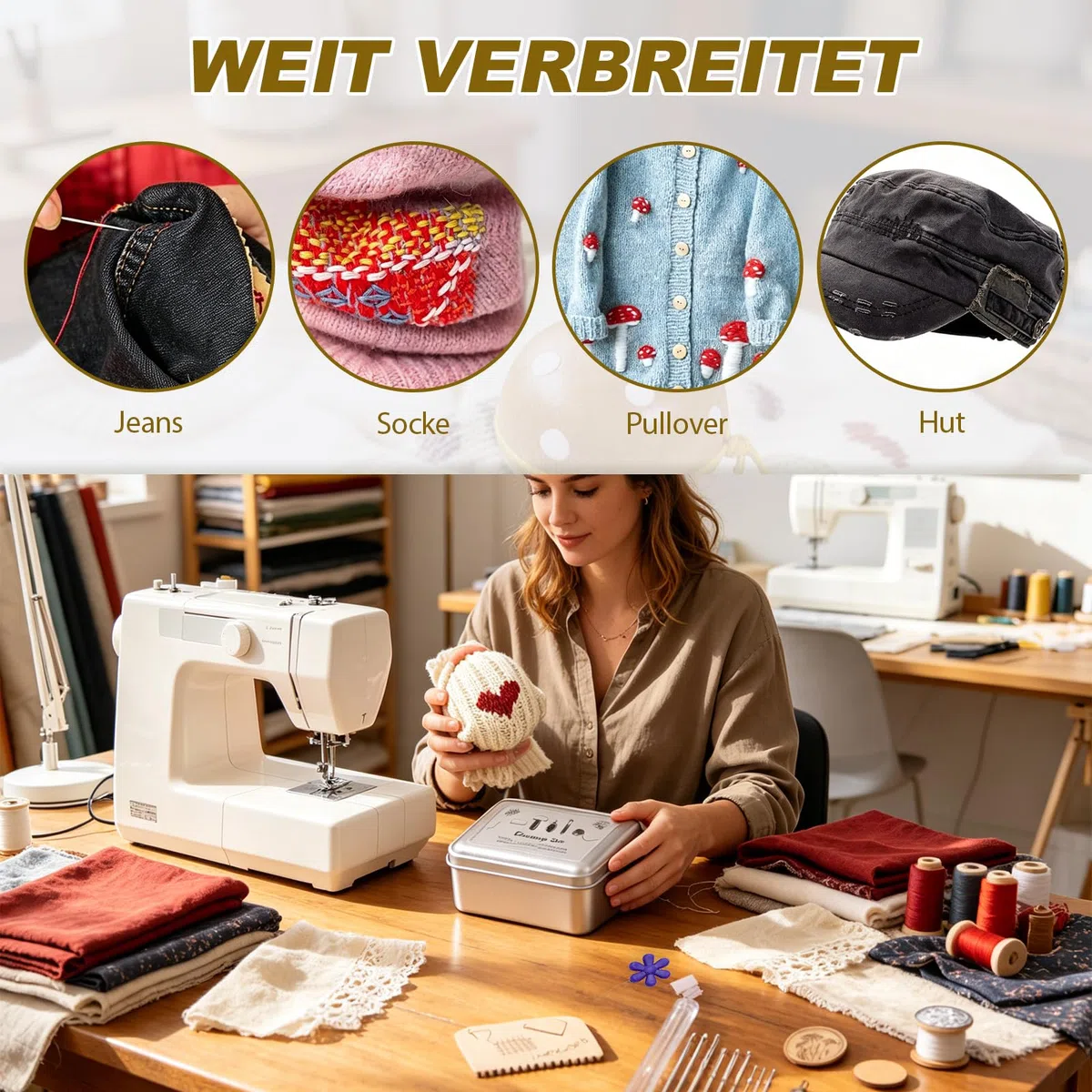 Stopfpilz Set Aus Holz Webernadel Mit Kugelspitze Pilzform Mit 9 Nähnadeln Und 2 Nadeleinfädler Holzwerkzeug Stopfpilz Mit Etui Für Nadeln Für DIY Handnähen, Socken, Stricken, Kleidung, Schals