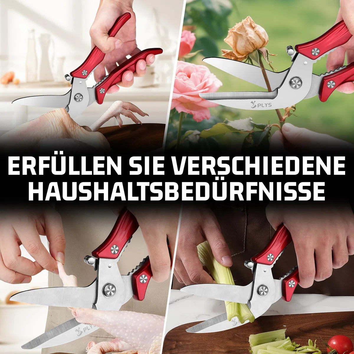 Plys Geflügelschere Hochleistungs Küchenschere Scharfe: Haushaltsschere Edelstahl Schere Küche mit Rot Griff Allzweckschere Haushaltsscheren