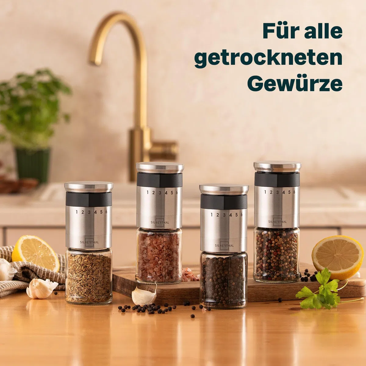 SILBERTHAL Pfeffer- & Salzmühle – Mit außenliegendem Einstellring - 6-Stufen-Mahlwerk, langlebigem Keramikmahlwerk, Aromadeckel und spülmaschinenfestem Glas
