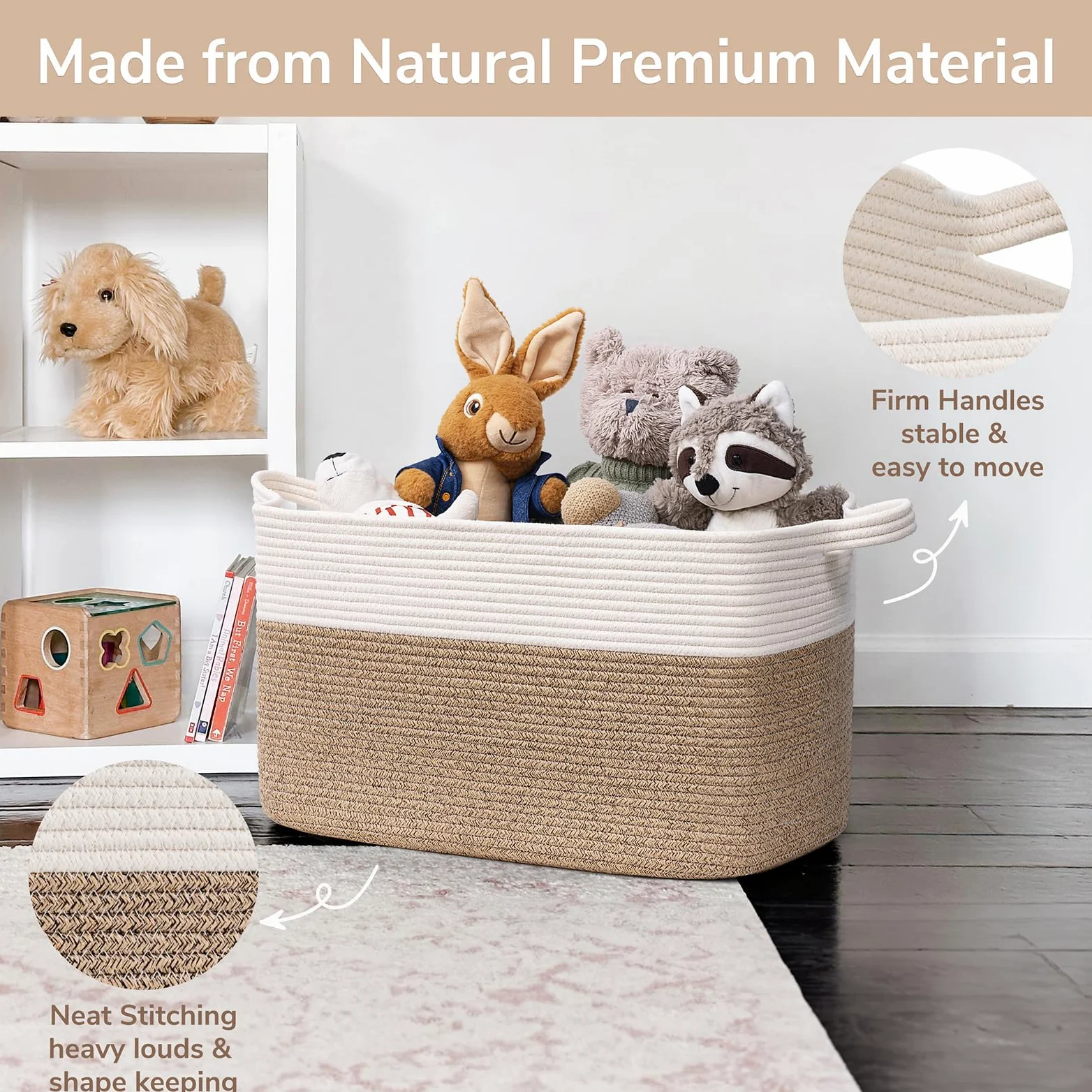 TIMEYARD 65L Faltbarer Wäschekorb, Aufbewahrungskorb für Baby Spielzeug, Square Laundry Baskets, Korb Aufbewahrung für Decken, kissen, Gästehandtuchkorb, Weiß und Braun
