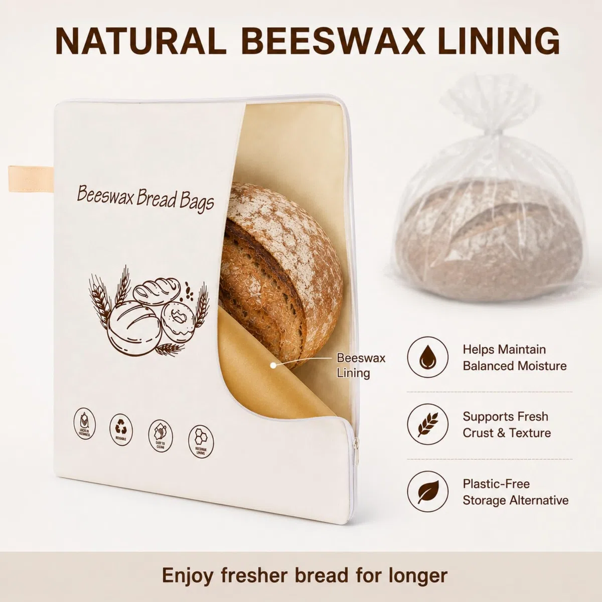 Brotbeutel Bienenwachs, Wiederverwendbarer Brotbeutel zum Frischhalten, Brotaufbewahrung mit L-Reißverschluss & Tragegriff, Brotsack für Brot, Obst, Gemüse und Backwaren, 2er Set