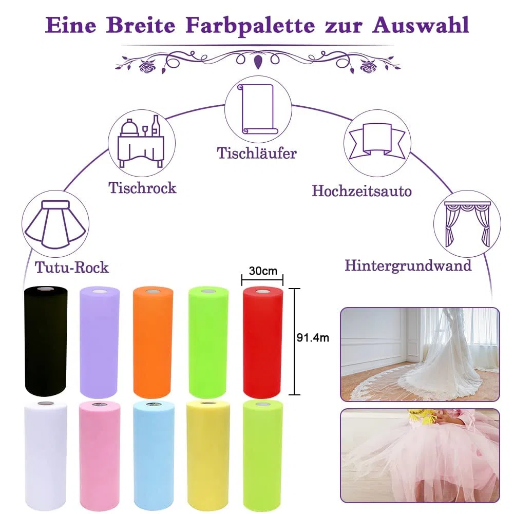 Tüllrolle 30 cm x 91,4 m, Hochzeits-Tüll-Tischläufer-Dekoration 100 Yards Tüllbandrollen, weißer Tüllstoff für DIY Tutu-Rock-Hochzeits-Tischläufer-Dekoration