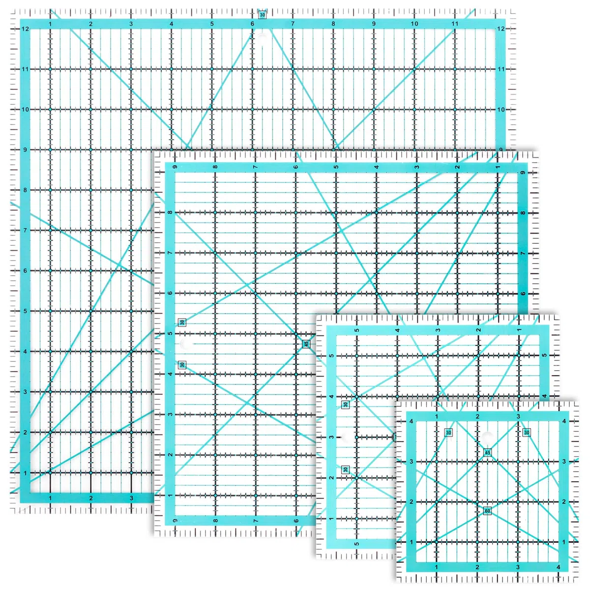 4 Stück Patchwork Lineal 12.5"/ 9.5"/ 6"/ 4.5" Quadratische Nählineal, Lineal Nähen mit Skal und Winkelanzeige, 30/45/60 Grad, Transparent Schneider Lineal für Nähen, Stoffhandwerk DIY