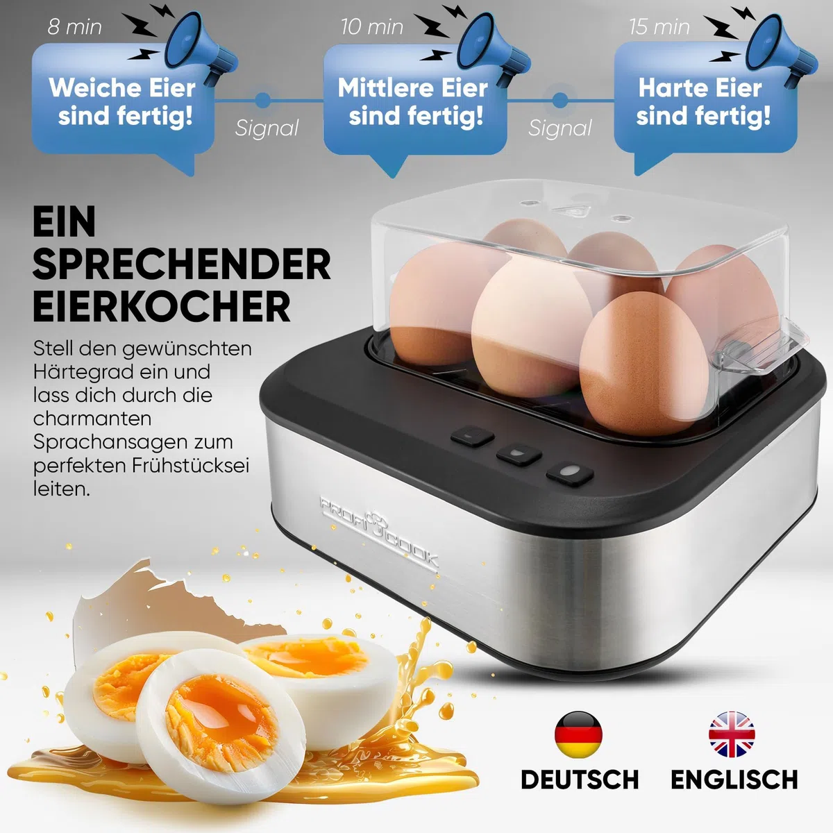 ProfiCook sprechender Eierkocher, kocht alle drei Stufen - weich/mittel/hart, 6 Eier, geeignet Ergebnis, Edelstahl Eierkocher mit Härtegradeinstellung, Egg Cooker, PC-EK 1276