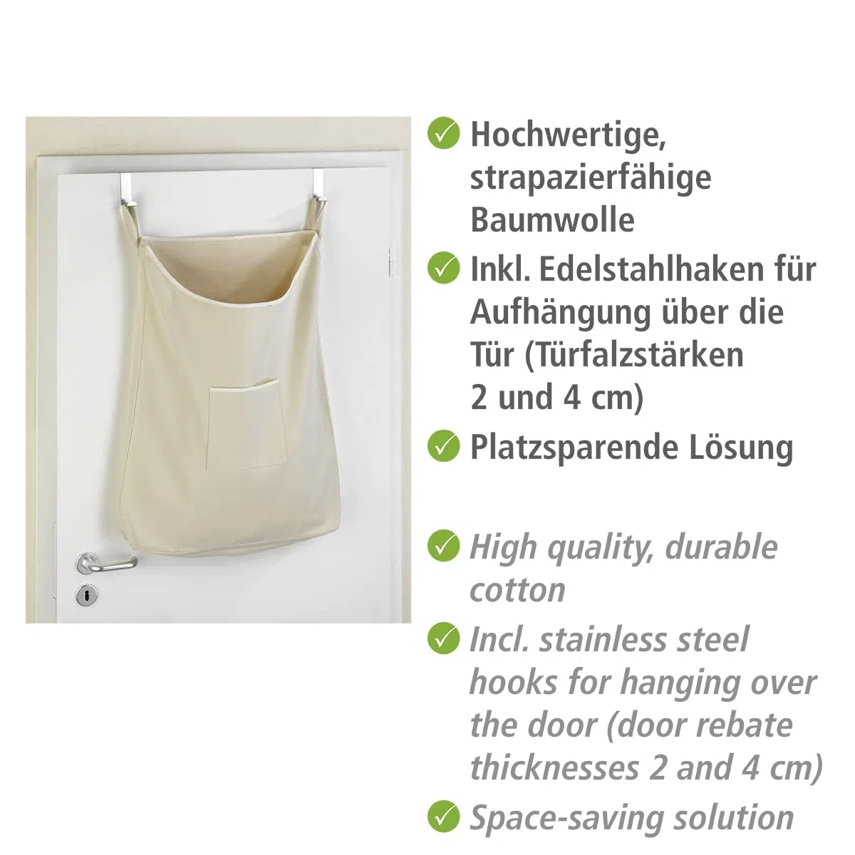 WENKO Über-Tür Wäschesammler Mod. Canguro Beige rostfreien Edelstahlhaken und praktischer Reisverschlussöffnung zur leichten Wäscheentnahme, 65 l Stauraum in einem Fach, (B x H x T): 52 x 81 x 10 cm