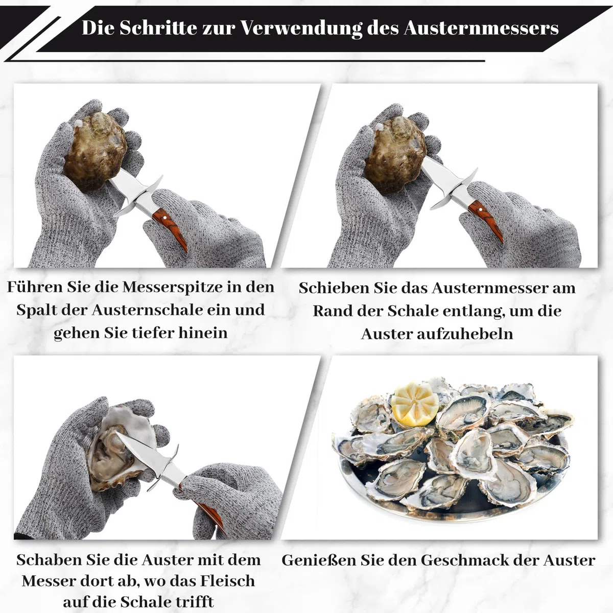 Austernmesser - Austermesser-Set mit 1 Paar Schutzhandschuhe und 1 Leder-Messerschale, Professioneller Austernöffner aus Edelstahl, Holzgriff, Geeignet für Schalentiere oder Harten Käse