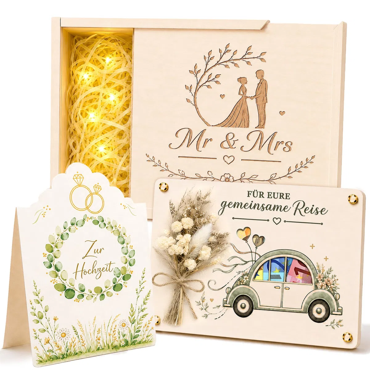 Geldgeschenk Hochzeit Holz, Hochzeitsgeschenk für Brautpaar mit Geschenkbox, Holzkarte, Hochzeitskarte & Trockenblumen, Geldgeschenke zur Hochzeit, Flitterwochen