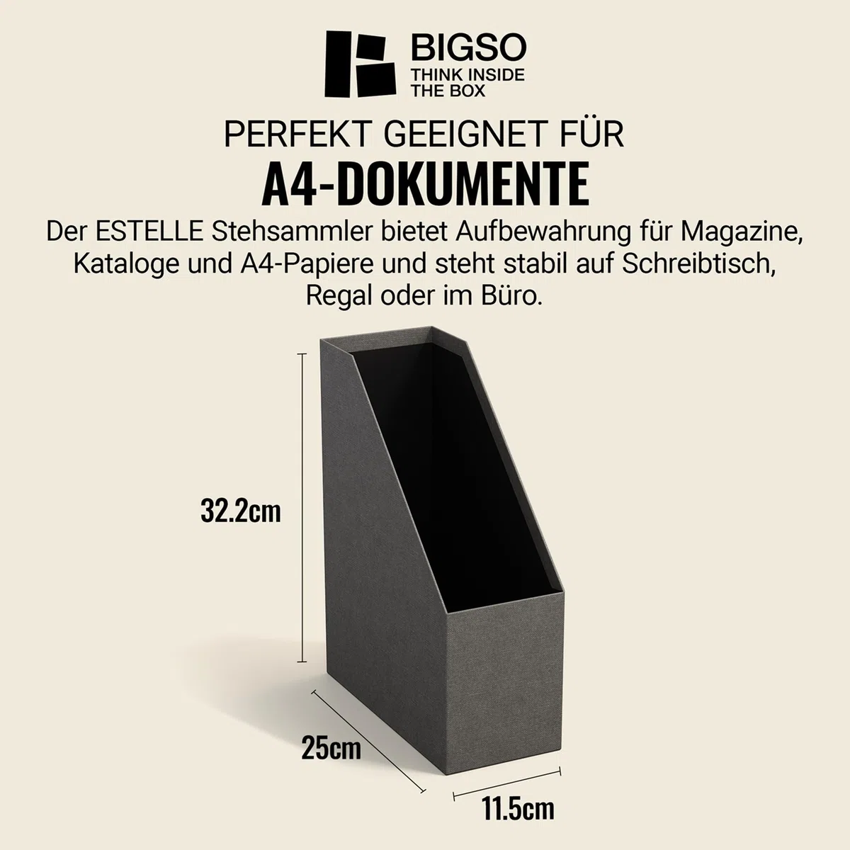 BIGSO ESTELLE Stehsammler für Zeitschriften, Magazine und Akten – praktischer Organizer aus Faserplatte und Papier in Leinenoptik – stabiler Zeitschriftenhalter mit Griff – grau