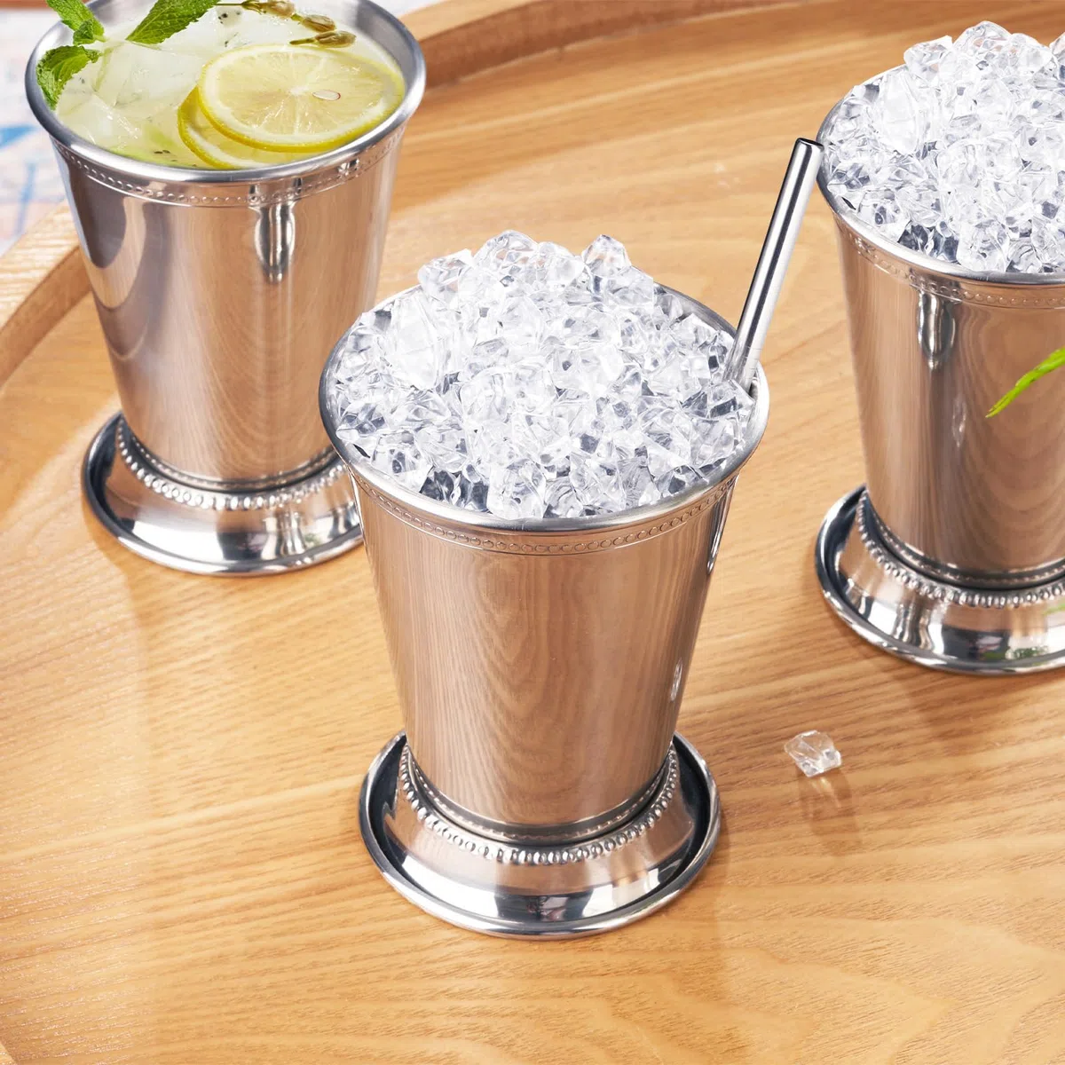 Fijinhom Julep-Becher mit Strohhalmen, Edelstahl, Perlen, Minze, Julep-Gläser für Cocktails, gemischte Getränke, Metallbecher für Bier, Saft, Getränke, Party, Bar, Zuhause, Restaurant, 340 ml, 4 Stück