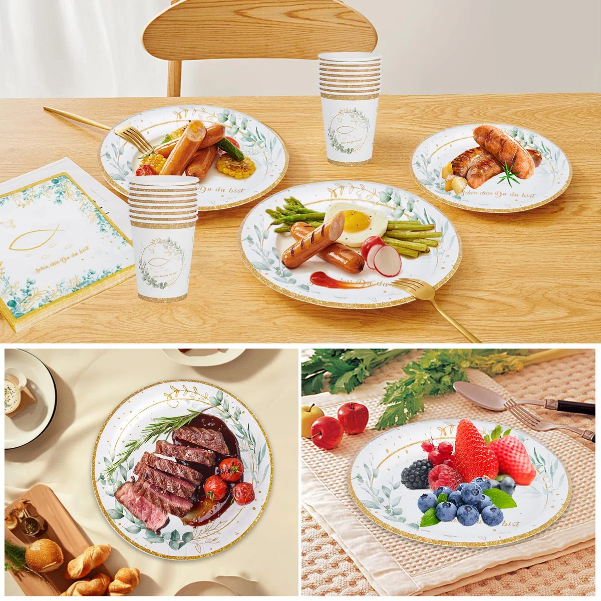 Partygeschirr Set Kommunion 100 Teile, Einweggeschirr aus Pappe mit Servietten, Becher & Teller Fisch Eukalyptus, Erstkommunion Deko für 25 Gäste, Tischdeko für Taufe, Kommunion, Konfirmation