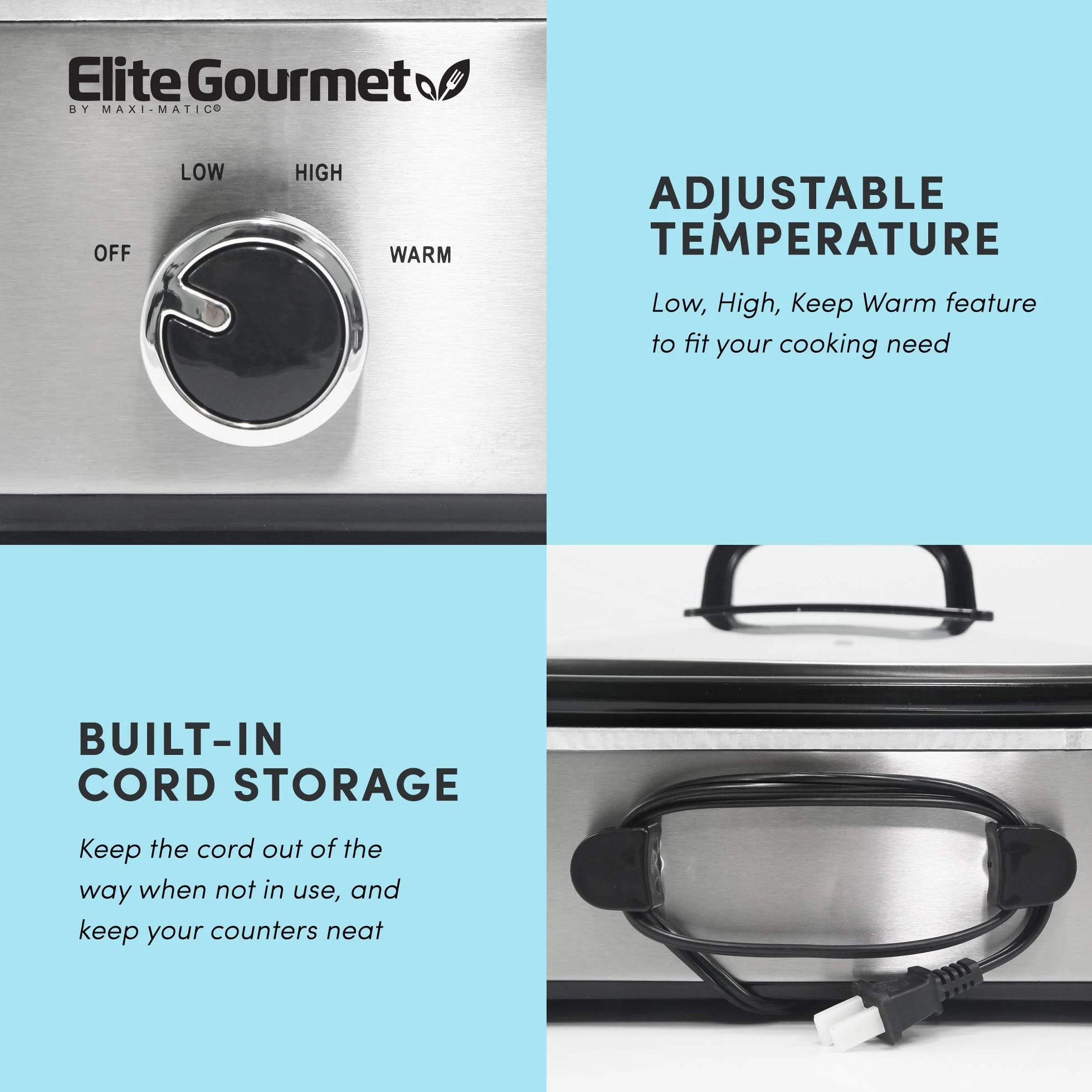 Elite Gourmet MST-5240SS Kasserolle-Schongarer, verschließbarer Deckel, einstellbare Temperatur, hält warm, ofen- und spülmaschinenfest, 3,3 l Fassungsvermögen, Edelstahl