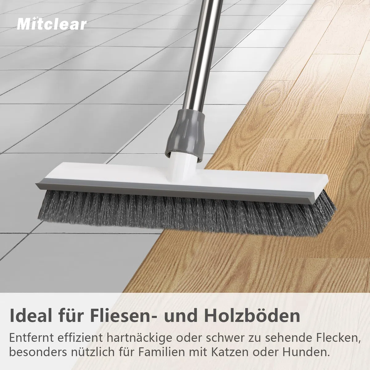 Mitclear Boden-Scheuerbürste mit Stiel(128cm), Schrubber Terrasse mit steife Borsten & Gummiabzieher, Terrassenreiniger, Scheuerbürste für die Reinigung von Fliesen, Balkon, Küche, Bad, Dusche, Garage