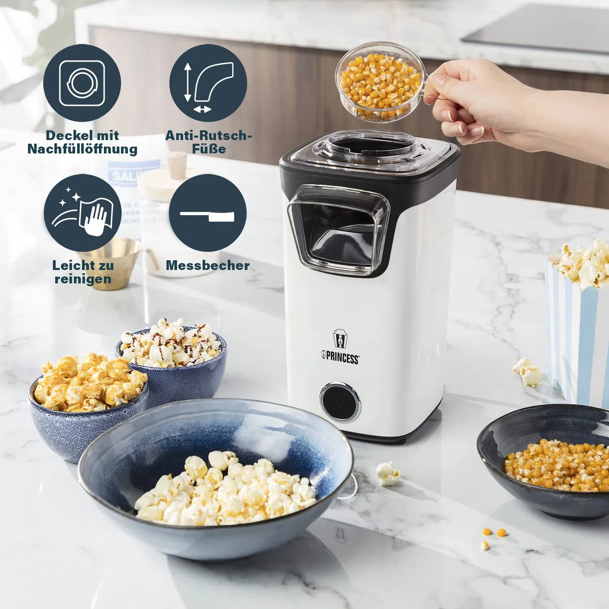 Princess Heißluft-Popcornmaschine – Frisches Popcorn in 3 Minuten, fettfreier und kalorienarmer Snack, schnelle und einfache Zubereitung, ideal für Zuhause und Partys 1100 Watt