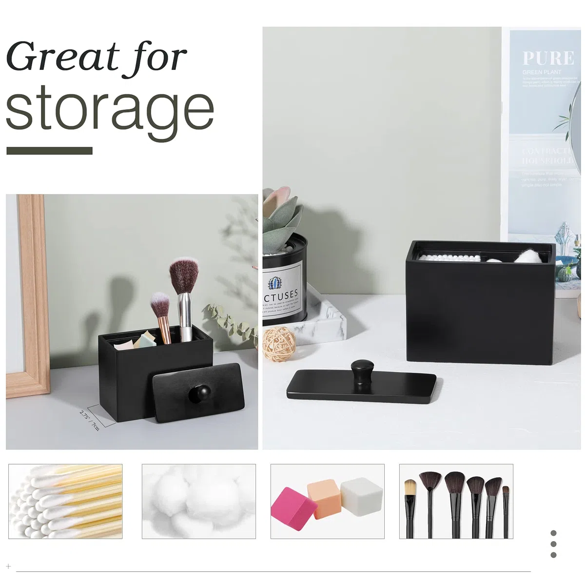 Luxspire Wattestäbchen Behälter & Wattepadspender, 2 Fächer Wattestäbchen Halter Spender Makeup Organizer Aufbewahrungsbox mit Deckel für Wattestäbchen Q-Tips Wattepads Baumwollbehälter, Matte Schwarz