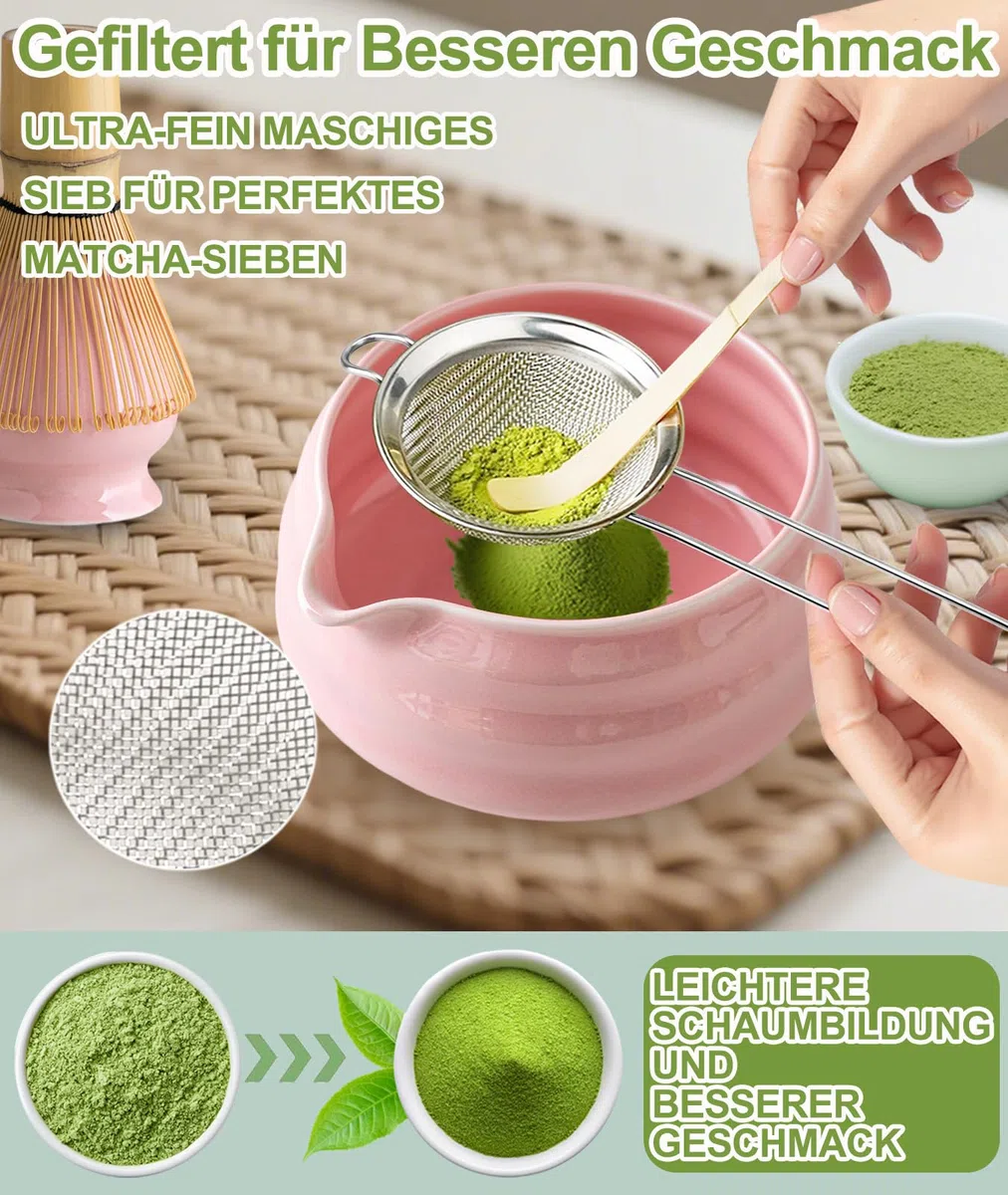 JBER Matcha Besen Set, Matcha Set Rosa 7-Teiliges - Bambus Matcha Besen und Besenhalter, Matcha Schale mit Auslauf, Sieb, Löffel und Halter, Japanisches Matcha Tee Set für Matcha-Liebhaber - Pink
