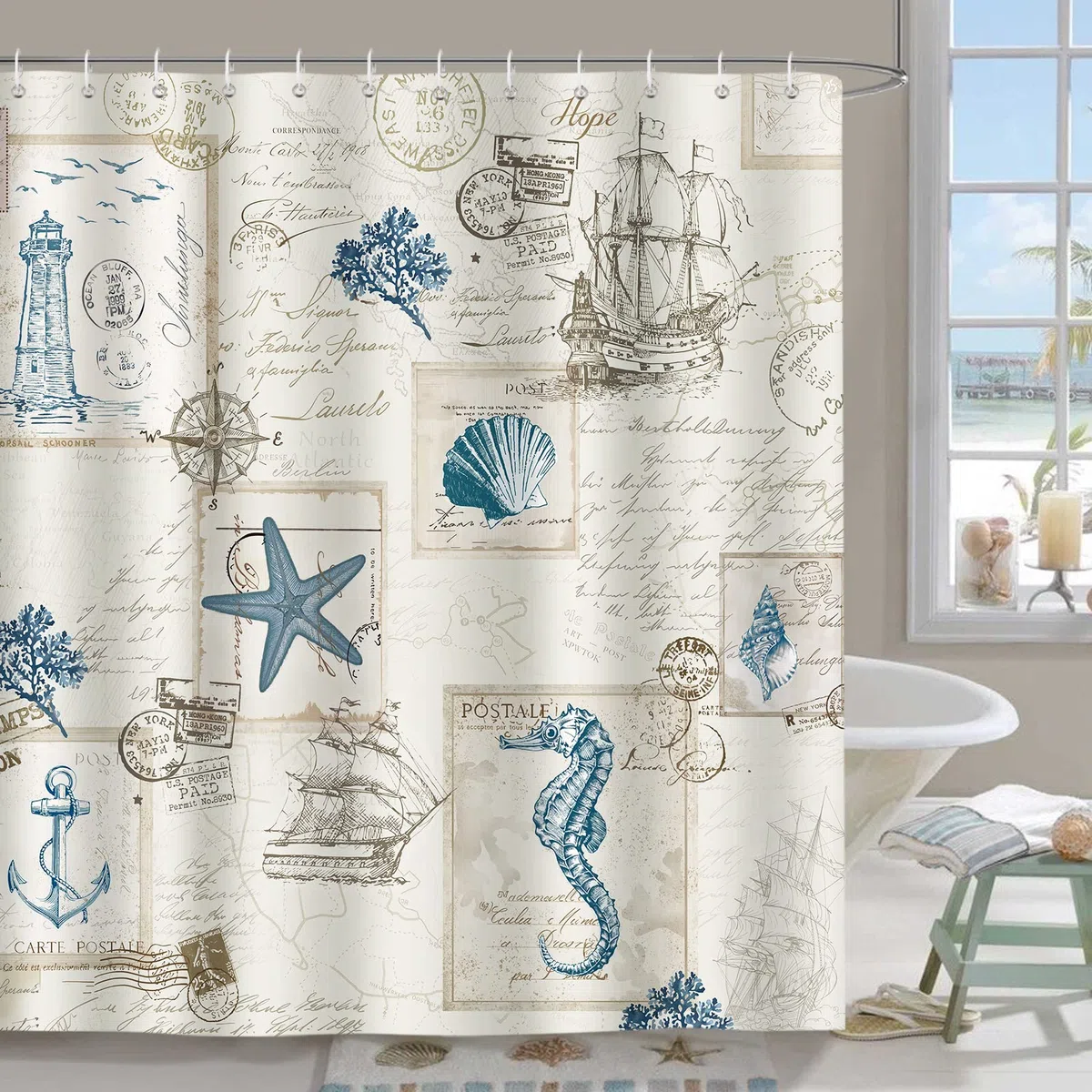 Bonhause Duschvorhang Maritim Nautisch Anker Leuchtturm Segelboot Duschvorhänge 180 x 180 cm Anti-Schimmel Wasserdicht Polyester Stoff Waschbar Bad Vorhäng für Badzimmer mit 12 Haken