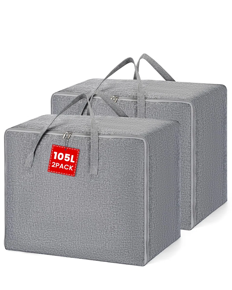 Aufbewahrungstasche 105L für Bettdecken Kleidung Kissen, Faltbare Organizer Tasche aus Baumwolle Leinen mit Doppelreißverschluss & Verstärkten Griffen (105L)