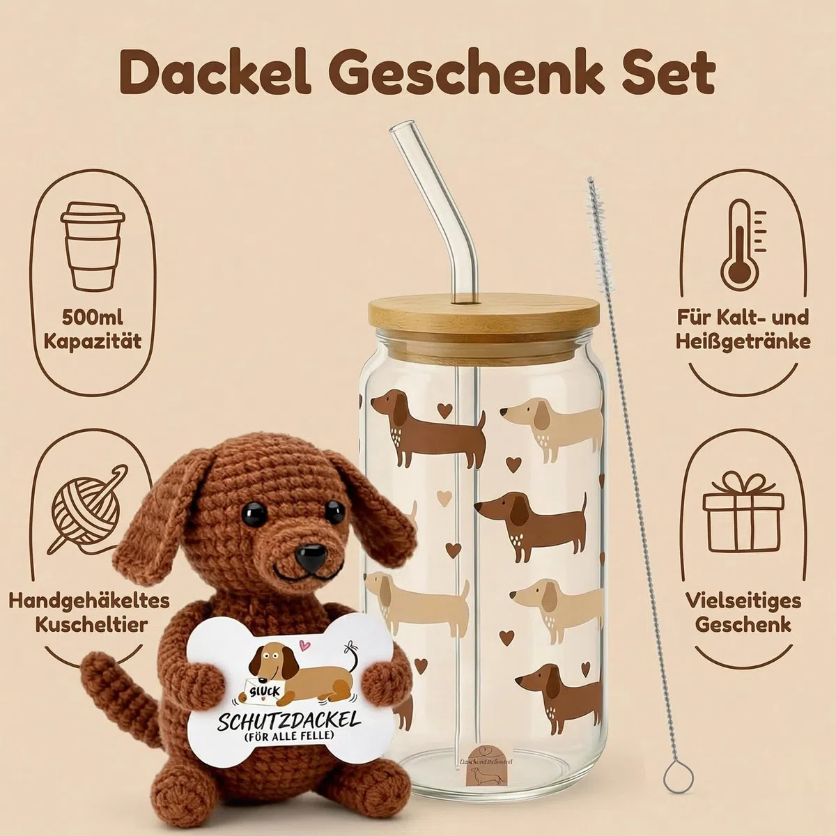 Sunwuun Glas mit Deckel und Strohhalm,Positive Geschenke Dackel Glücksbringer Set,Geschenk Kollegin Geburtstag,Gläser mit Holzdeckel,Pocket Hug für Freundin,Mama,Partner,Schwester (Braun)