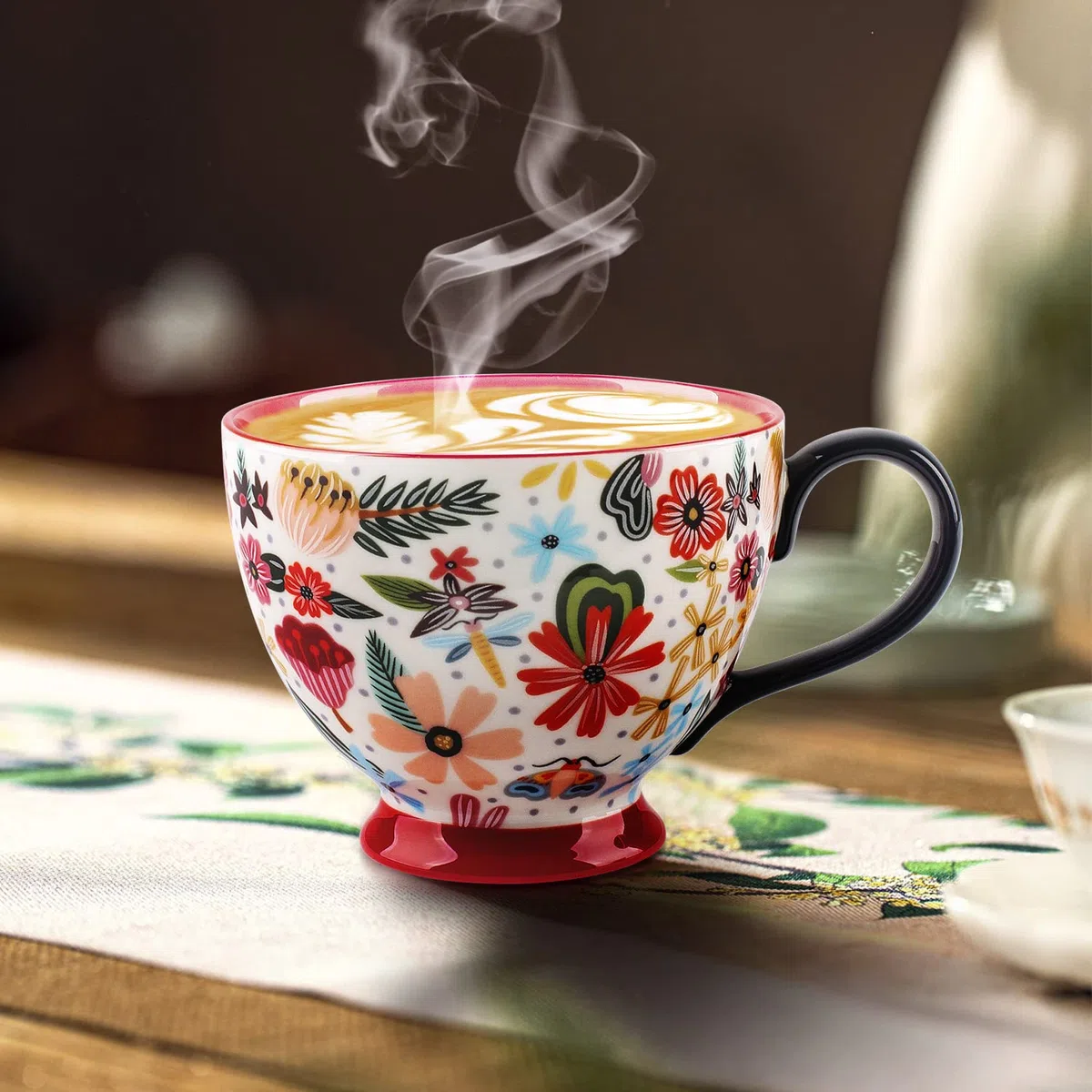 Berry President Handbemalte Keramiktassen mit Blumenmuster, 15 OZ, große Tassen für Milch, Kaffee, Cappuccino, Tee, Kakao, Frühstücks-Haferflockentassen (Bunte Blume rot)