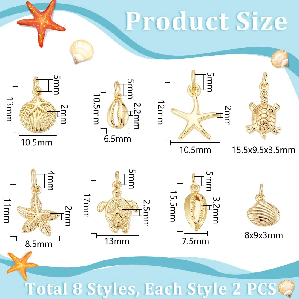 UNICRAFTALE 16 Stück 8 Stile 18 Karat Vergoldete Muschel Seestern Schildkröten Anhänger Meereslebewesen Meerestier Schildkröten Anhänger Sommer Ozeananhänger Dekor Für DIY Armbändern Halsketten