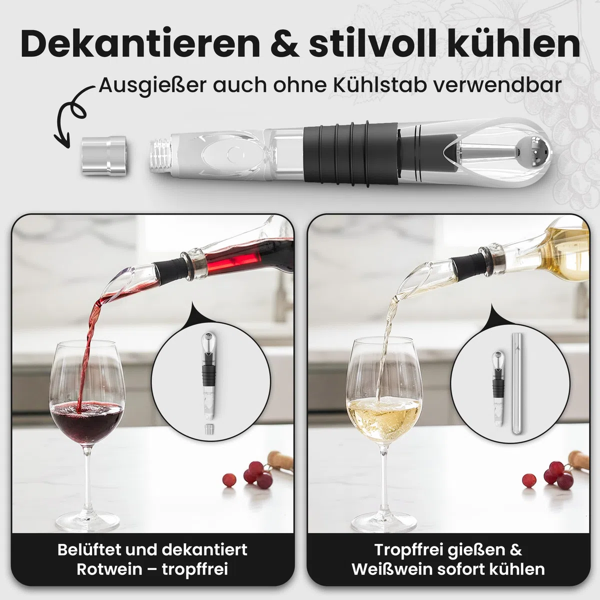 Beyond Weinkühlstab 6-teiliges Geschenk Set aus Edelstahl mit Ausgießer - Ideales Weinzubehör für Weinliebhaber I Weinkühler Set für Weißwein & Rotwein - Stab mit Dekanter - Zubehör für Weintrinker