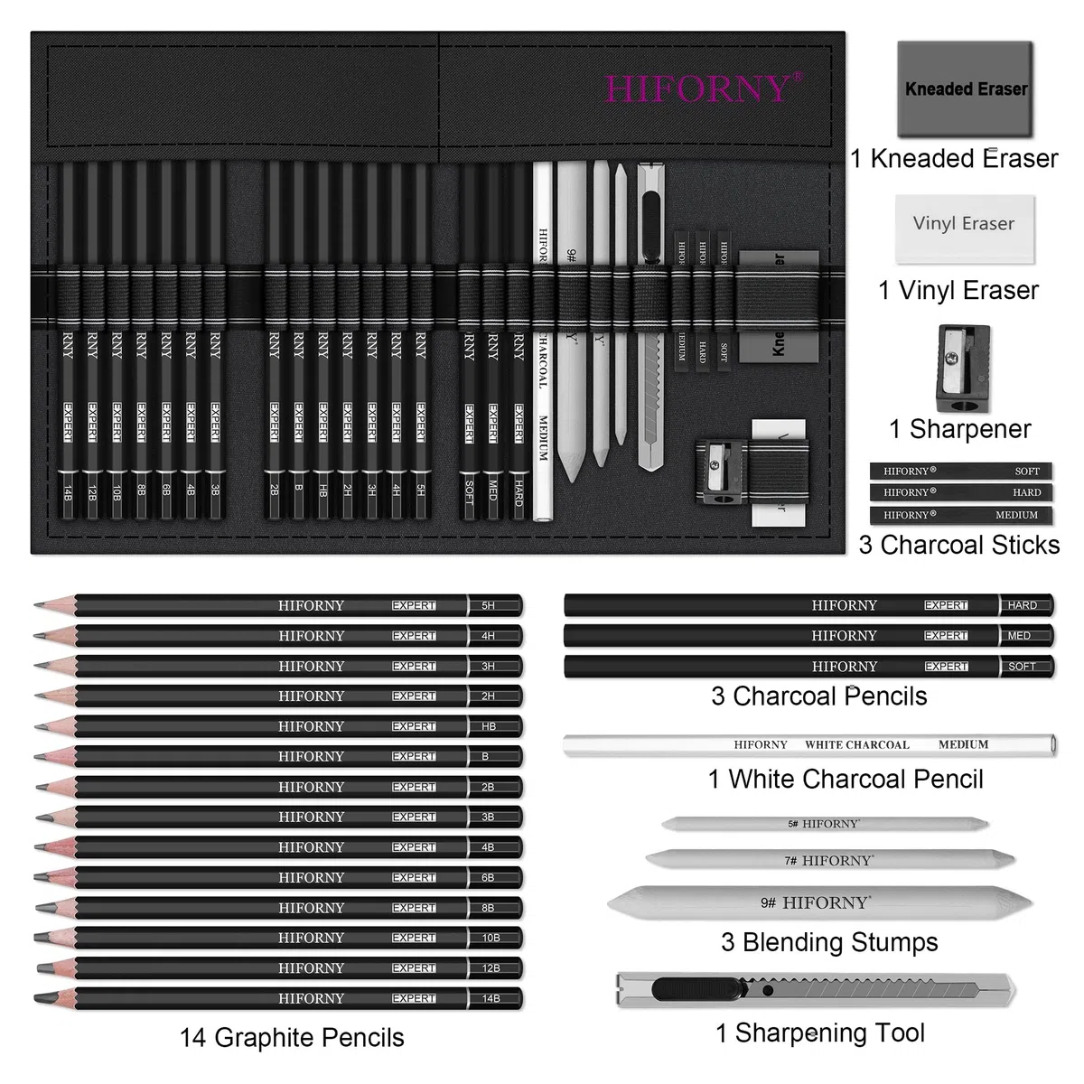 HIFORNY 28-teiliges Skizzierstifte-Set, Skizzenstifte, Kunstzubehör mit Graphit, Anthrazit, Mischwerkzeuge, Zubehör, Zeichenset für Erwachsene, Künstler in Rolltasche auf Leinwand