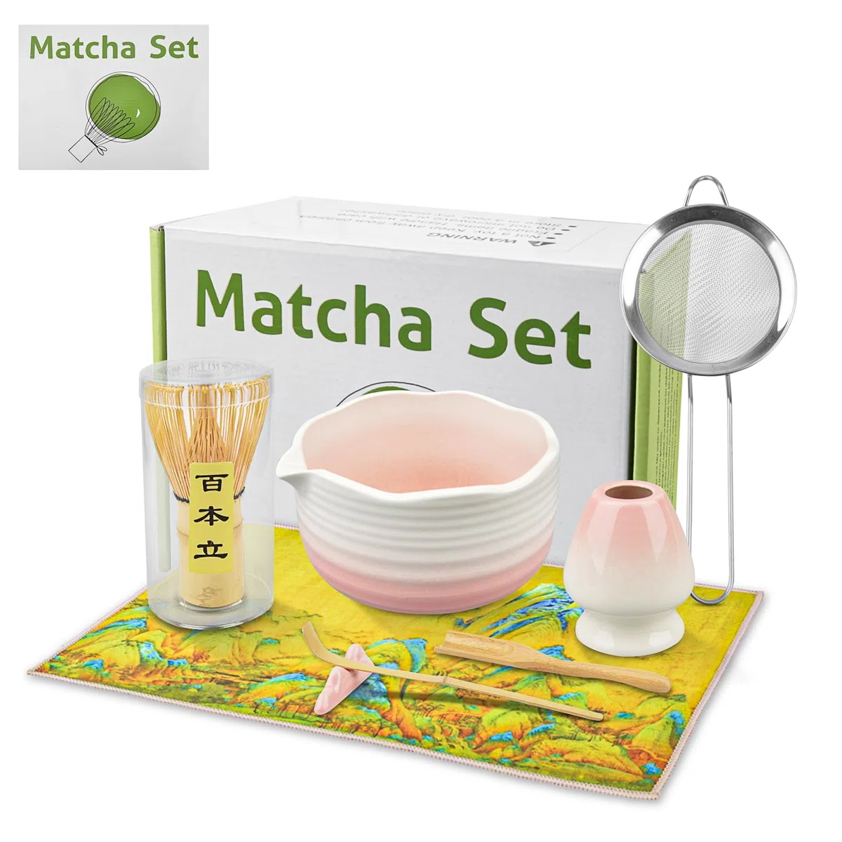 8 Stück Matcha Besen Set – Traditionelles Bambus Matcha Tea Set mit Matcha Schale, Chasen Bambusbesen, Schaufel, Sieb, Besenhalter, Löffel – Perfekt für Matcha Liebhaber & Geschenk (Pink)